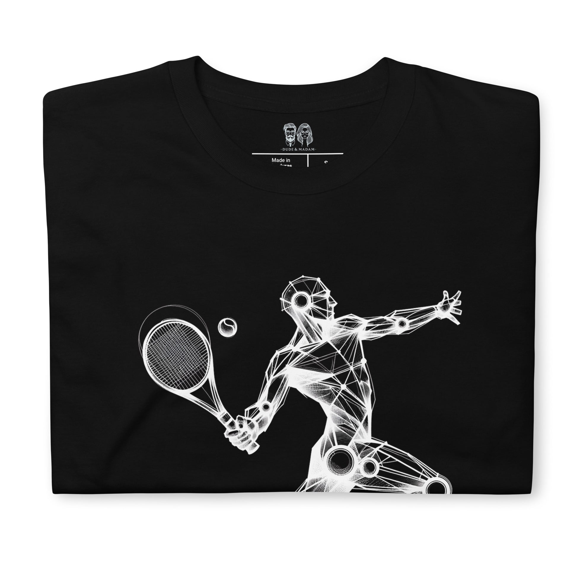 folded Cotton t-shirt with an artistic Wood Mannequin-style drawing of a tennis player in action, highlighting dynamic and creative design ideal for tennis enthusiasts.