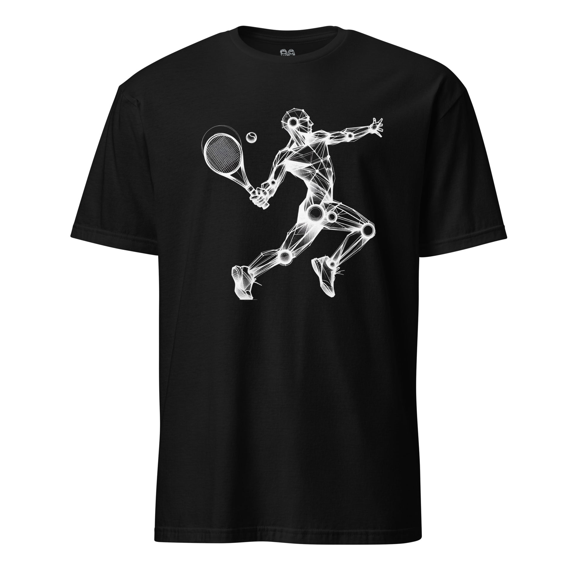 Cotton t-shirt with an artistic Wood Mannequin-style drawing of a tennis player in action, highlighting dynamic and creative design ideal for tennis enthusiasts.