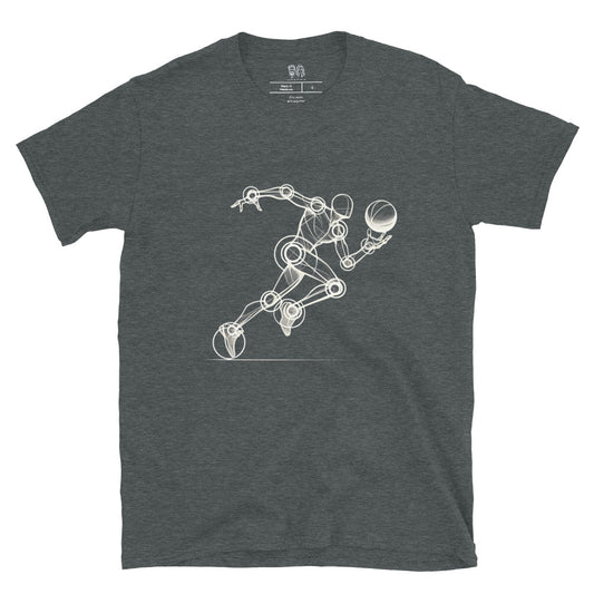 Dark Gray cotton t-shirt with an artistic Wood Mannequin-style drawing of a basketball player in action, highlighting dynamic and creative design ideal for basketball enthusiasts