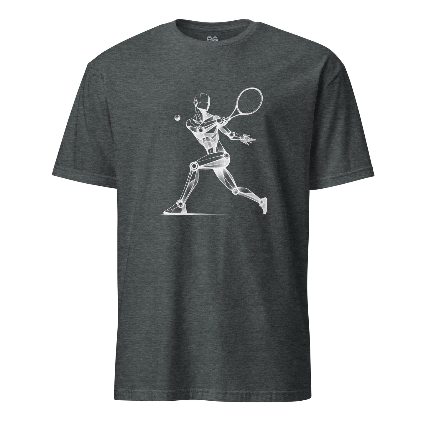 Dark Gray cotton t-shirt with an artistic Wood Mannequin-style drawing of a tennis player in action, highlighting dynamic and creative design ideal for tennis enthusiasts.