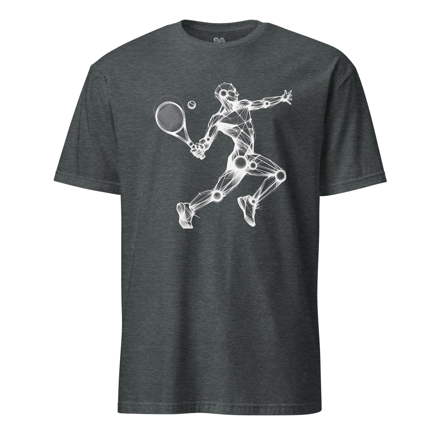 Gray Cotton t-shirt with an artistic Wood Mannequin-style drawing of a tennis player in action, highlighting dynamic and creative design ideal for tennis enthusiasts.