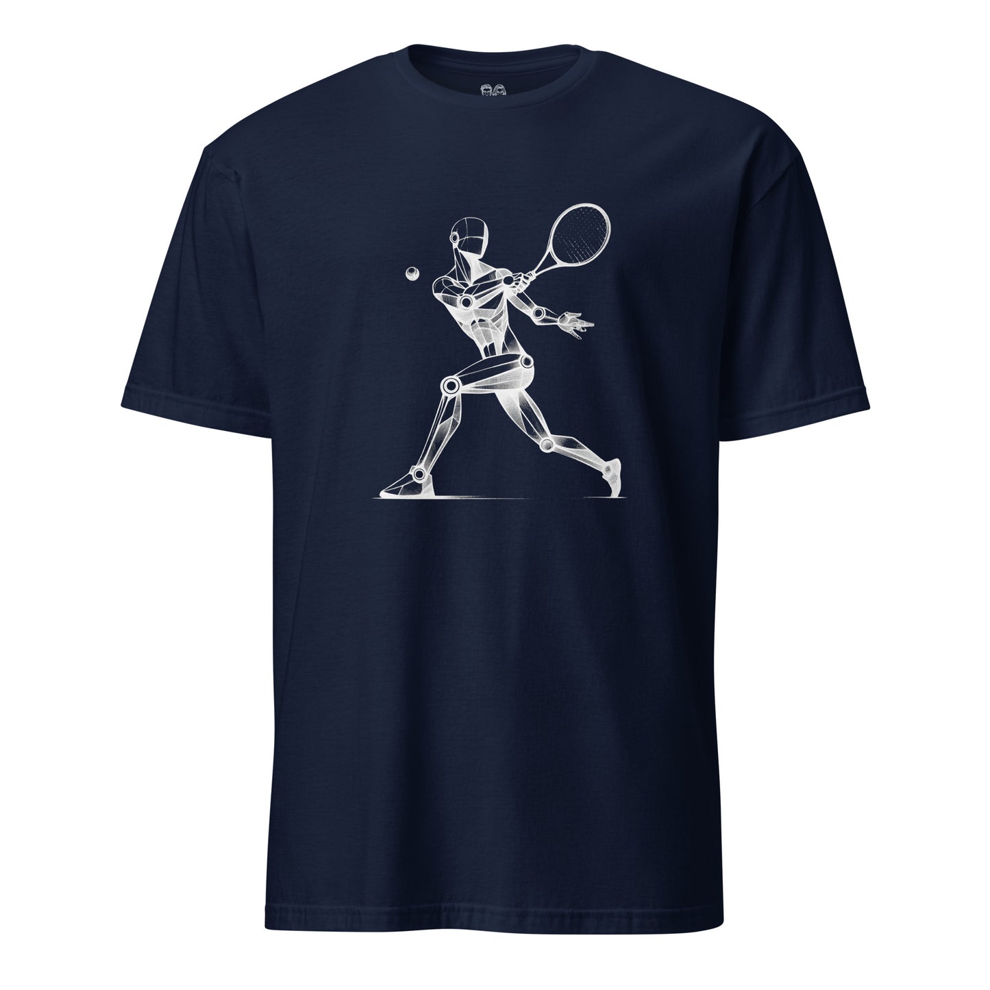 Navy Blue cotton t-shirt with an artistic Wood Mannequin-style drawing of a tennis player in action, highlighting dynamic and creative design ideal for tennis enthusiasts.