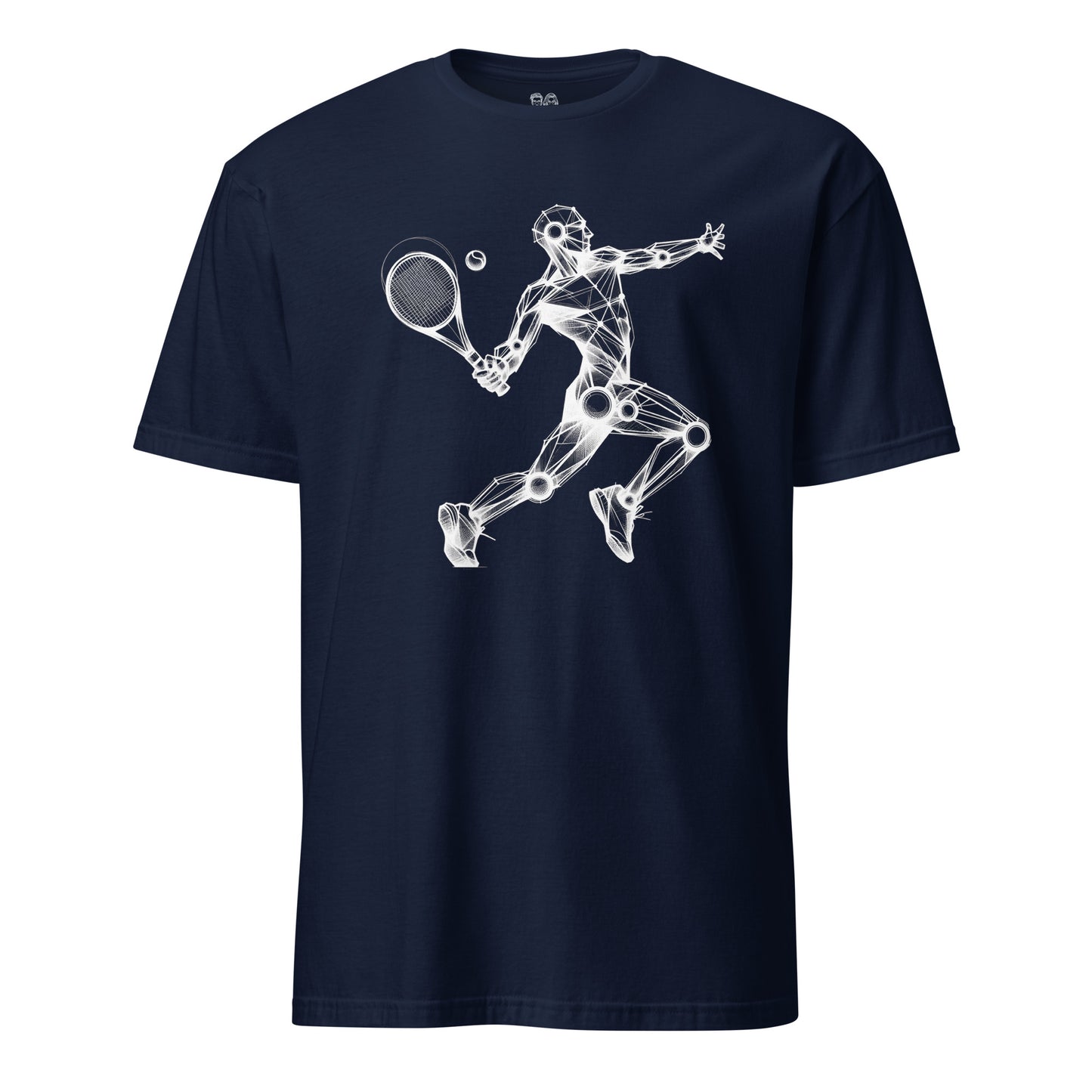 Navy blue swing Cotton t-shirt with an artistic Wood Mannequin-style drawing of a tennis player in action, highlighting dynamic and creative design ideal for tennis enthusiasts.