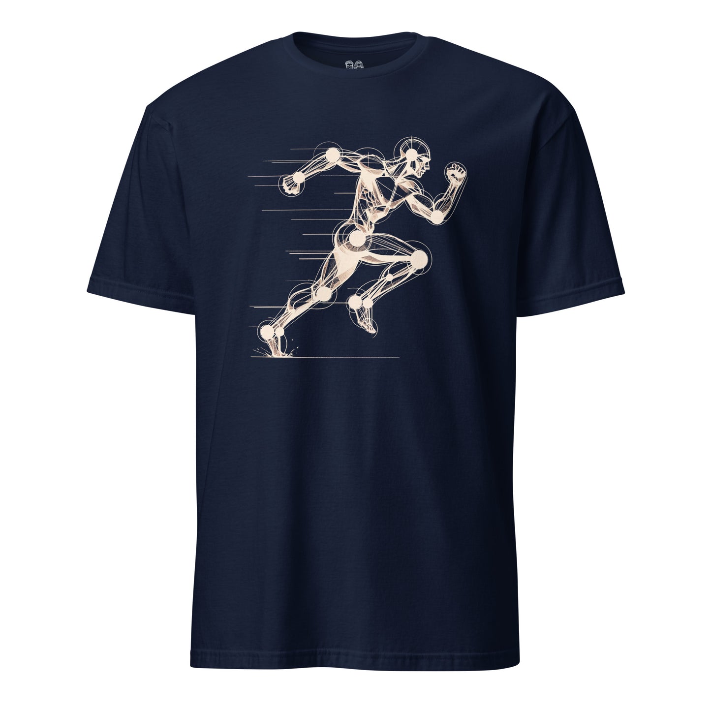 Navy blue cool Cotton t-shirt with an artistic Wood Mannequin-style drawing of a running figure, highlighting dynamic and creative design ideal for runners.