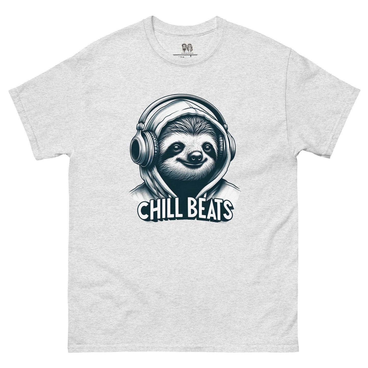 light gray Cotton t-shirt featuring a sloth wearing headphones and a hoodie with the text 'Chill Beats', ideal for music lovers and those who enjoy a relaxed, fun look.