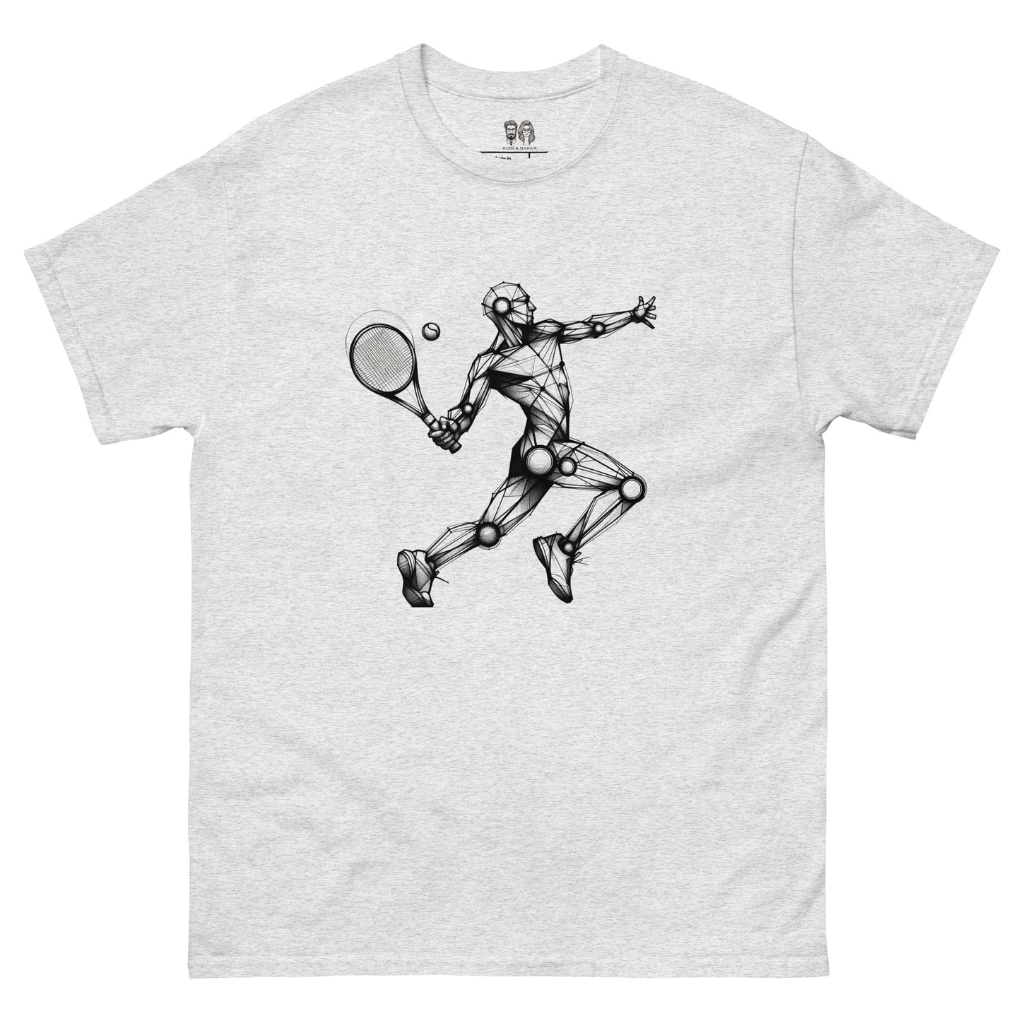 Ash color Cotton loose fit t-shirt with an artistic Wood Mannequin-style drawing of a tennis player in action, highlighting a dynamic and creative design.