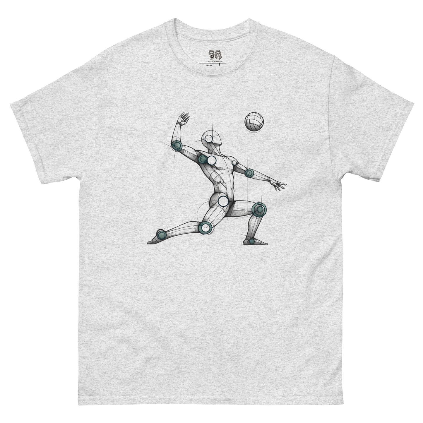 ash color Cotton loose fit t-shirt with an artistic Len Mannequin-inspired drawing of a volleyball player in action, highlighting dynamic and creative design.