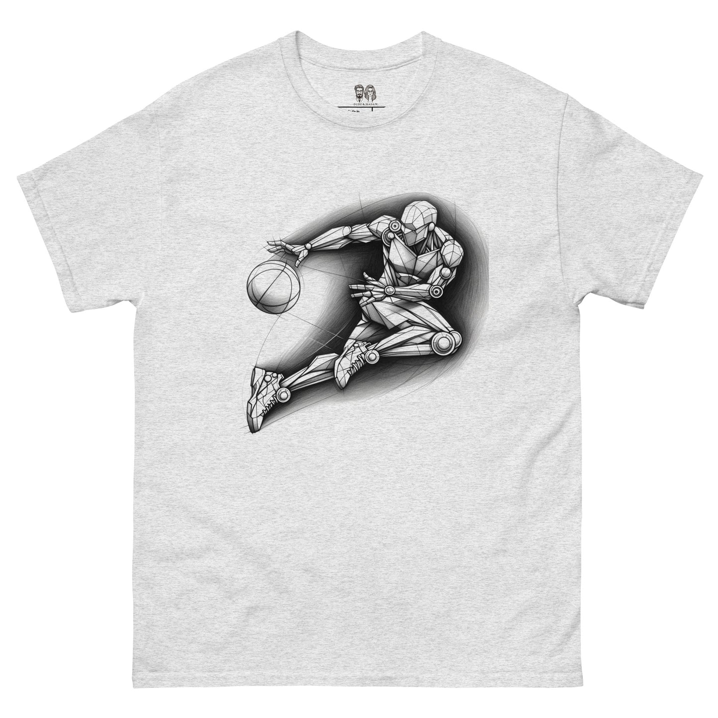 Ash Cotton loose fit t-shirt with a detailed Len Mannequin-inspired drawing of a basketball player in action.