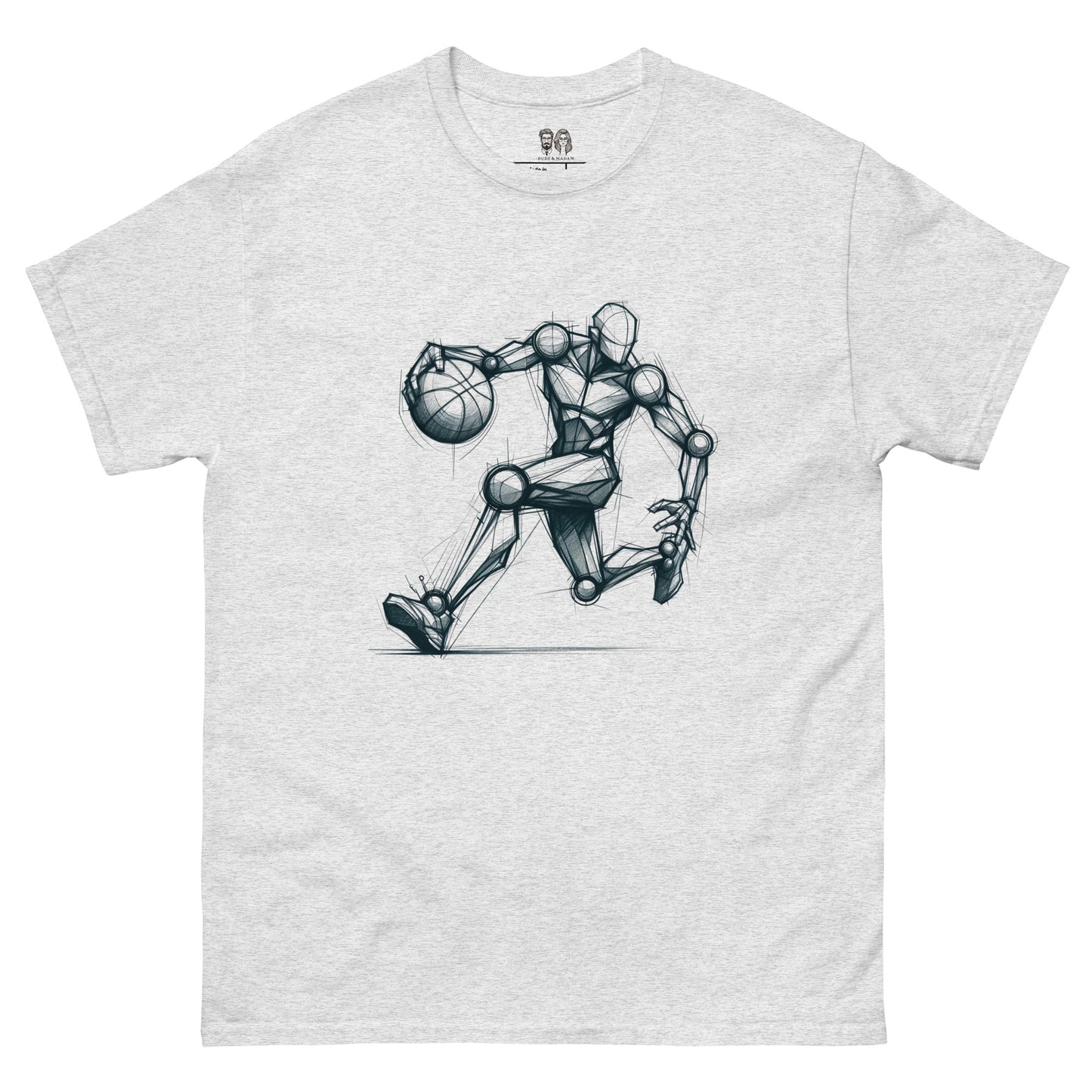 Light Gray Cotton loose fit t-shirt with an artistic Len Mannequin-style drawing of a basketball player in motion, highlighting dynamic, Cool and creative design.