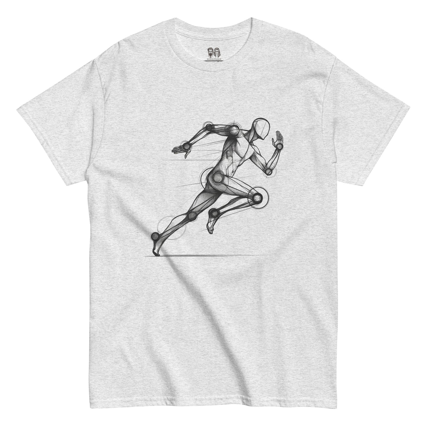 Cotton loose fit t-shirt with a detailed futuristic runner graphic in black and white, showcasing dynamic motion and modern design.