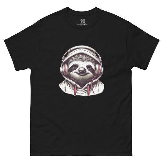 cool lazy Cotton t-shirt featuring a sloth wearing headphones and a hoodie, ideal for music lovers and those who enjoy a relaxed, fun look.