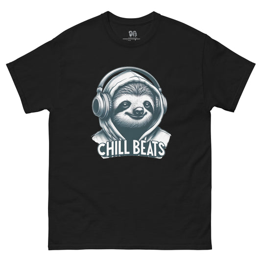 black Cotton t-shirt featuring a sloth wearing headphones and a hoodie with the text 'Chill Beats', ideal for music lovers and those who enjoy a relaxed, fun look.