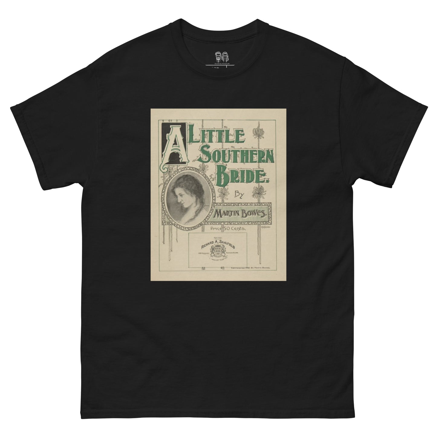 Black T-Shirt with short sleeves and a large retro print of a music album cover