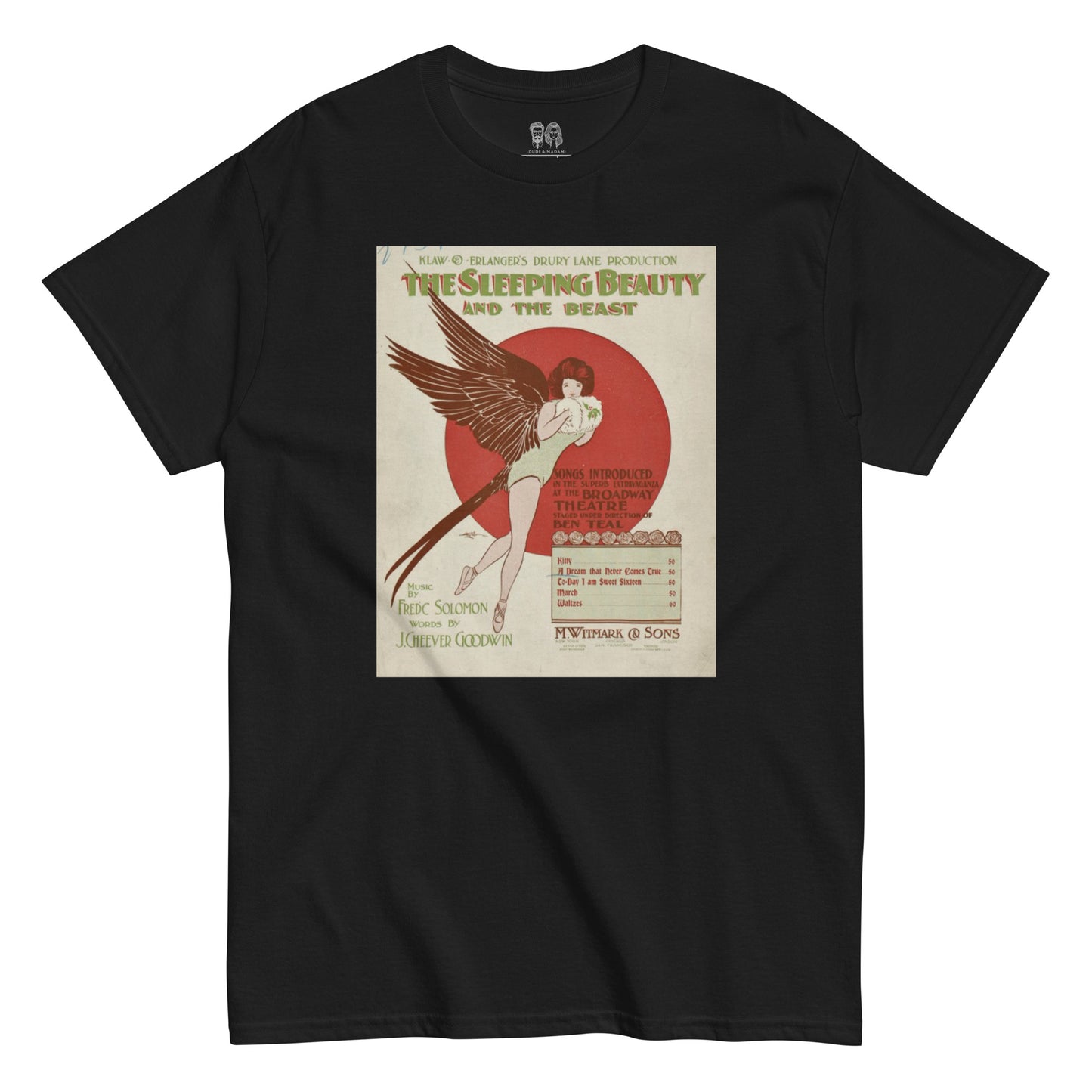 Black tee with a large retro print of an album cover of woman with wings