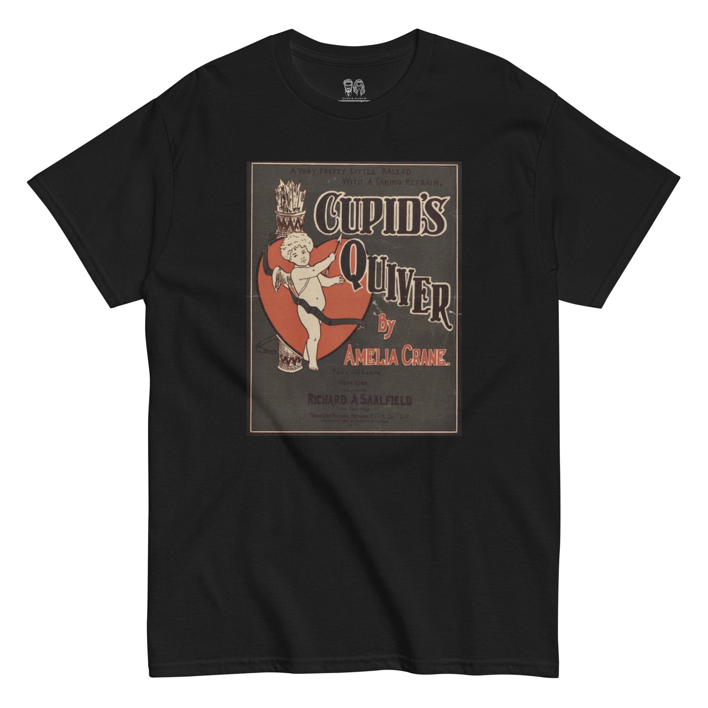 Black t-shirt with vintage print of album cover featuring cupid and a broken heart