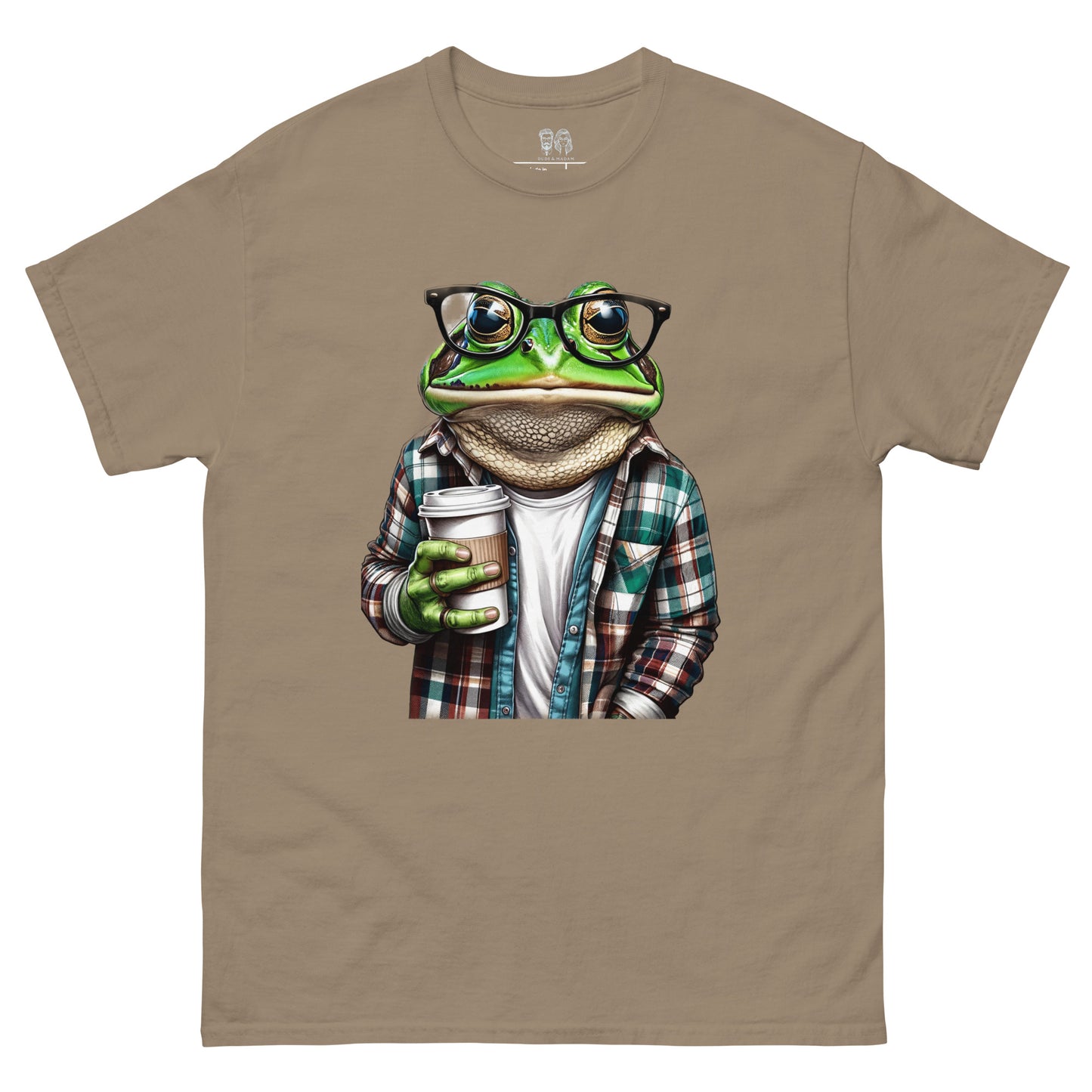 Brown t-shirt with short sleeves featuring a cool frog hildong a cup of coffee and wearing glasses and a plaid shirt