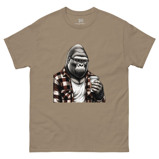 Brown crew neck t-shirt with a grumpy monkey print