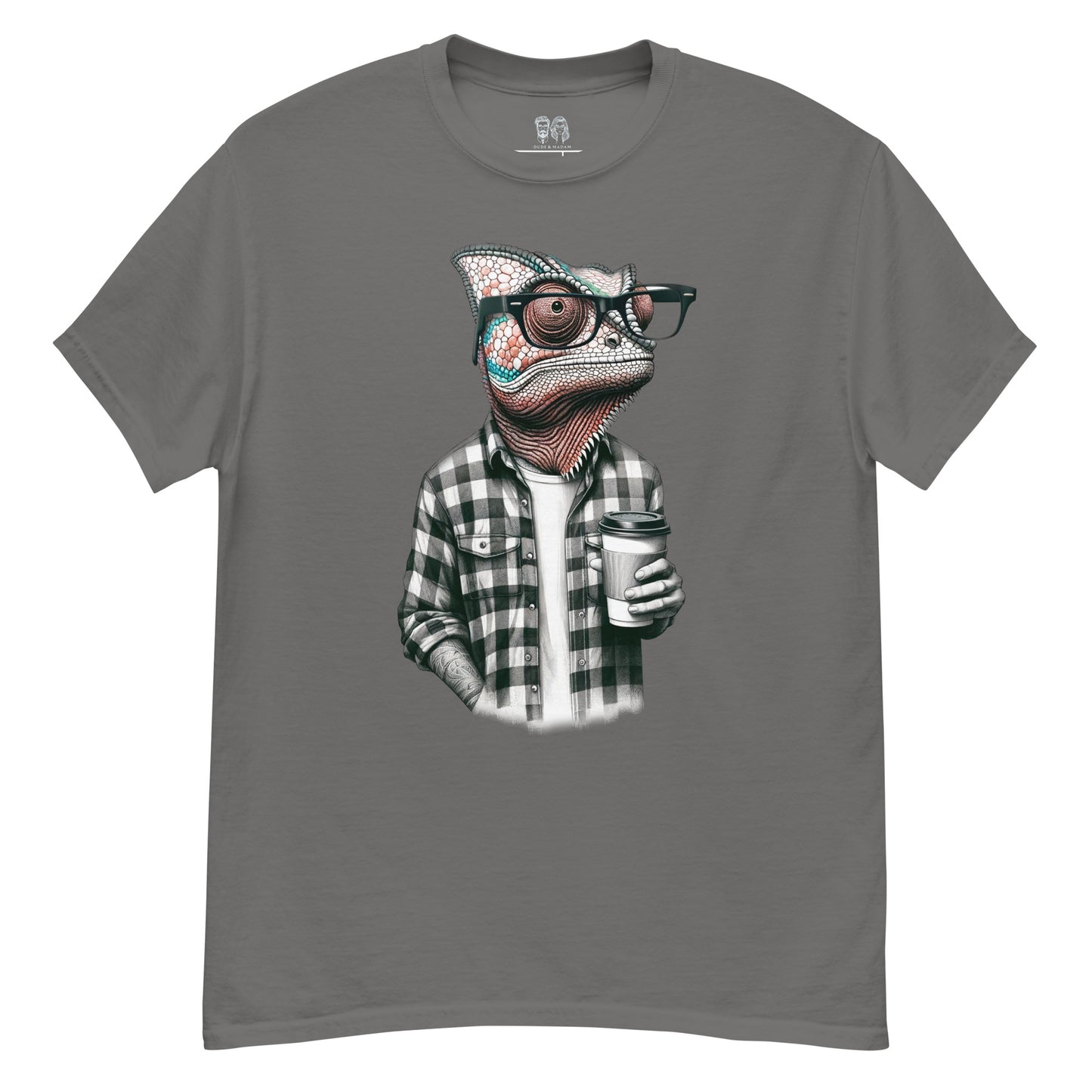 Grey tee with a chameleon wearing plaid shirt from the Urban Beasts Streetwear