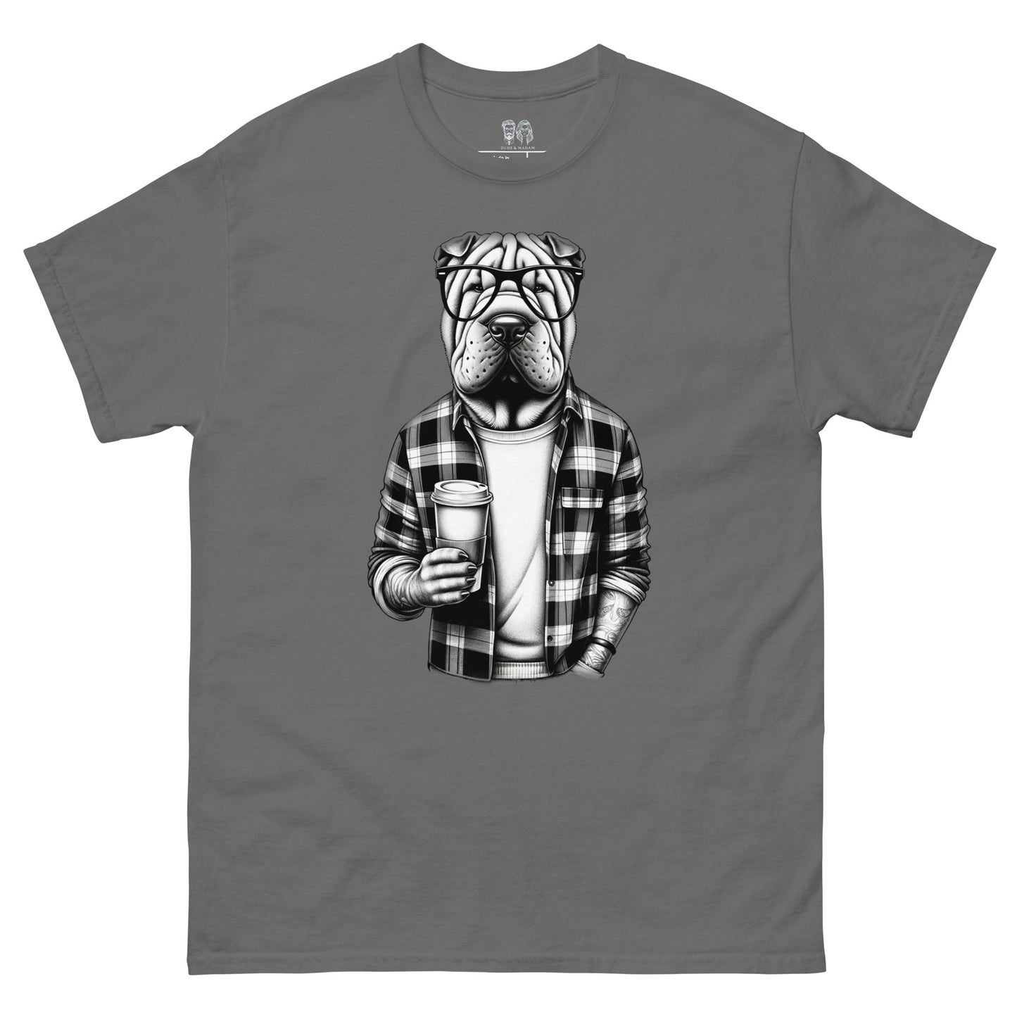 Cool Dark Gray Tshirt featuring a print of a Shar Pei dog cartoon holding a take away coffee cup