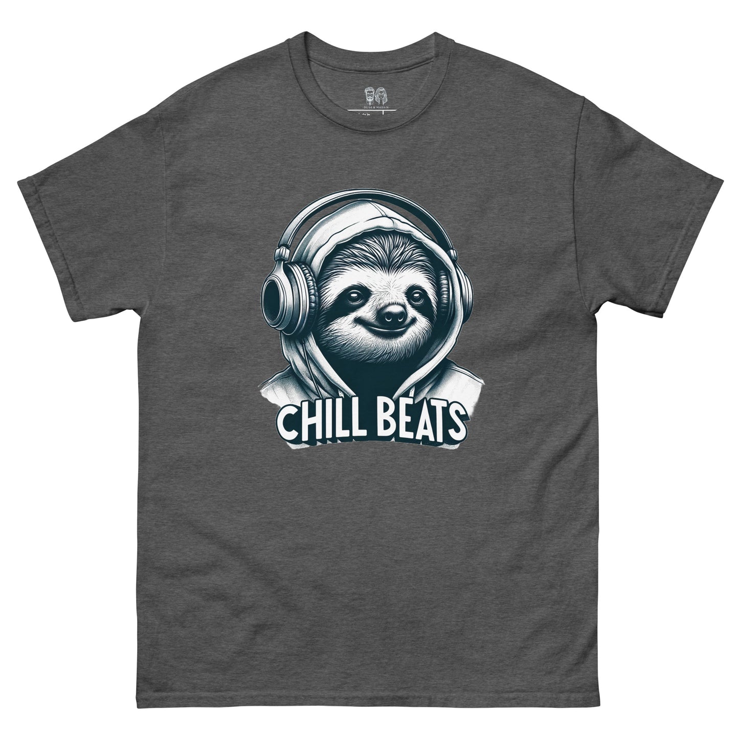 dark Cotton t-shirt featuring a sloth wearing headphones and a hoodie with the text 'Chill Beats', ideal for music lovers and those who enjoy a relaxed, fun look.