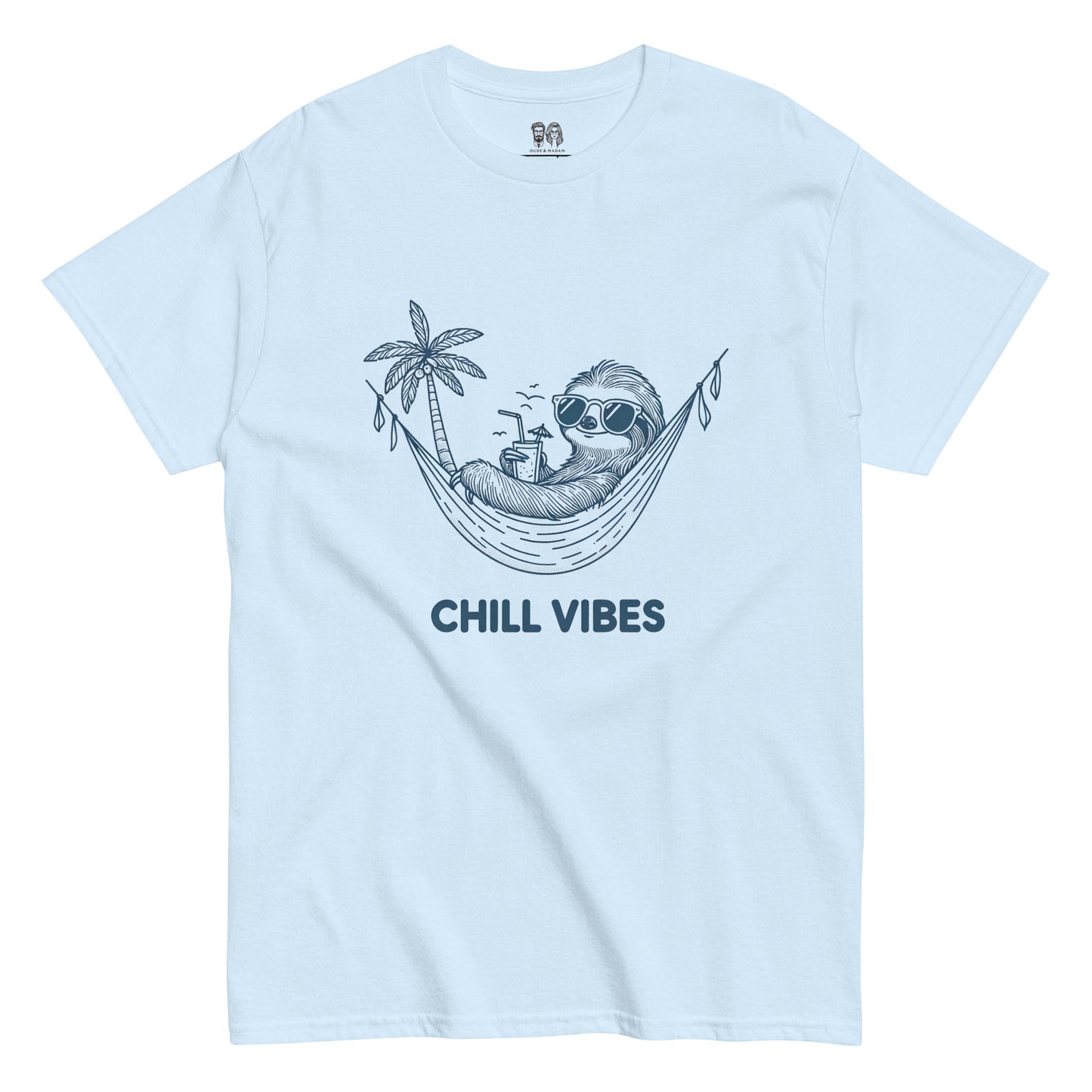 light blue Cotton t-shirt with a design of a sloth lounging in a hammock under a palm tree with the text Chill Vibes