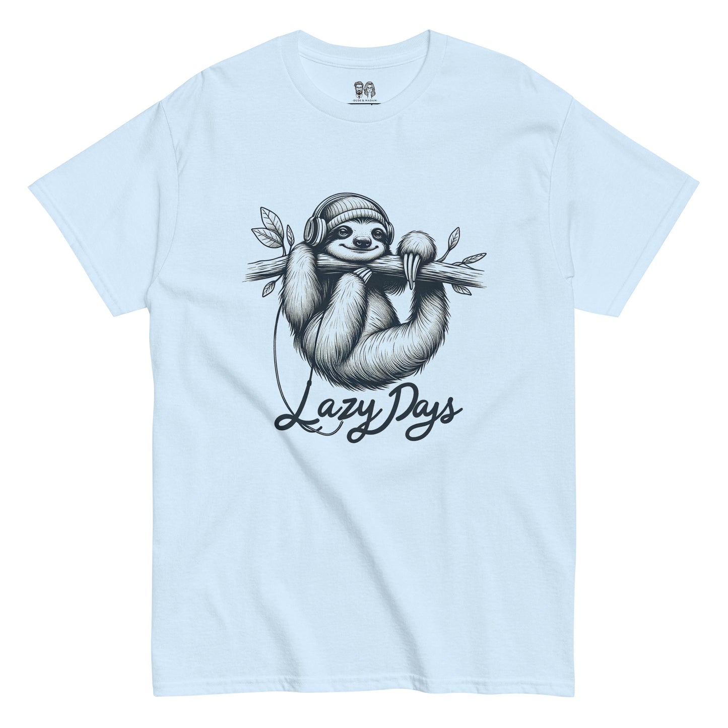 light blue lazy t-shirt featuring a sloth lounging on a branch with headphones and the text 'Lazy Days', ideal for those who enjoy a relaxed and fun look.