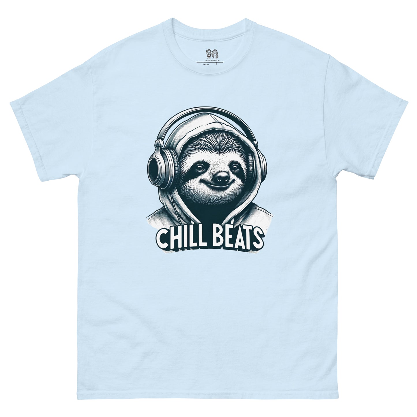 light blue Cotton t-shirt featuring a sloth wearing headphones and a hoodie with the text 'Chill Beats', ideal for music lovers and those who enjoy a relaxed, fun look.