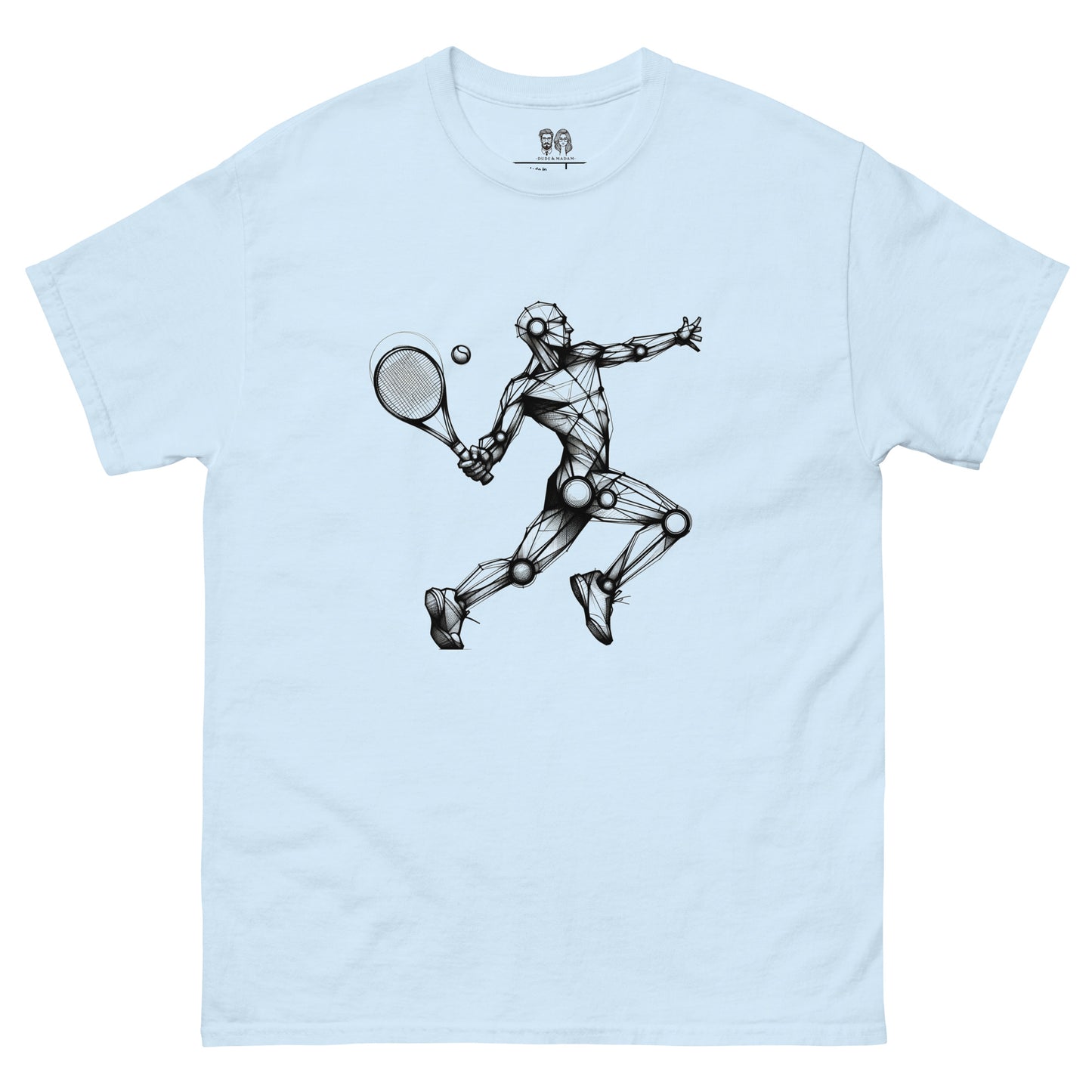 light blue Cotton loose fit t-shirt with an artistic Wood Mannequin-style drawing of a tennis player in action, highlighting a dynamic and creative design.