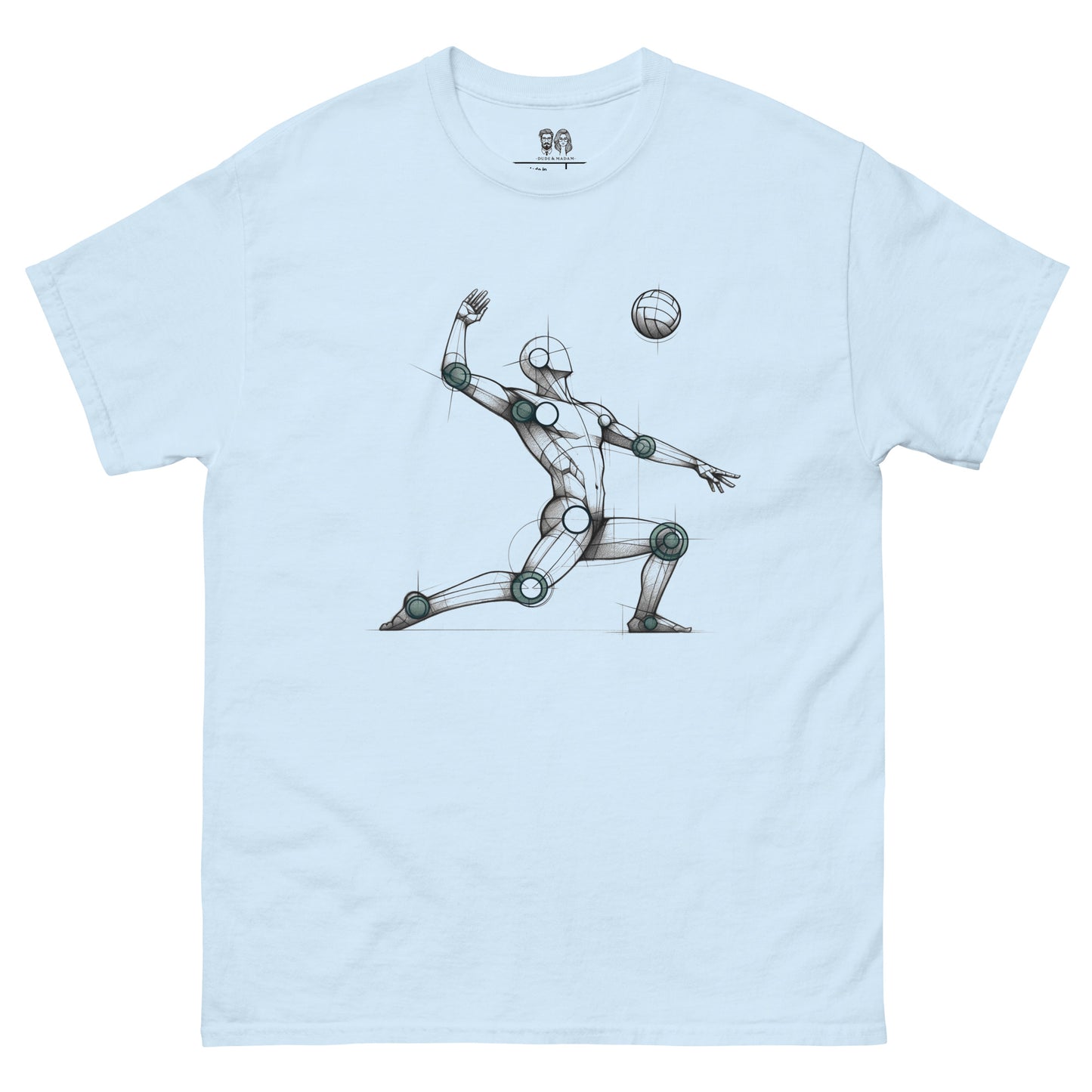 light blue Cotton loose fit t-shirt with an artistic Len Mannequin-inspired drawing of a volleyball player in action, highlighting dynamic and creative design.