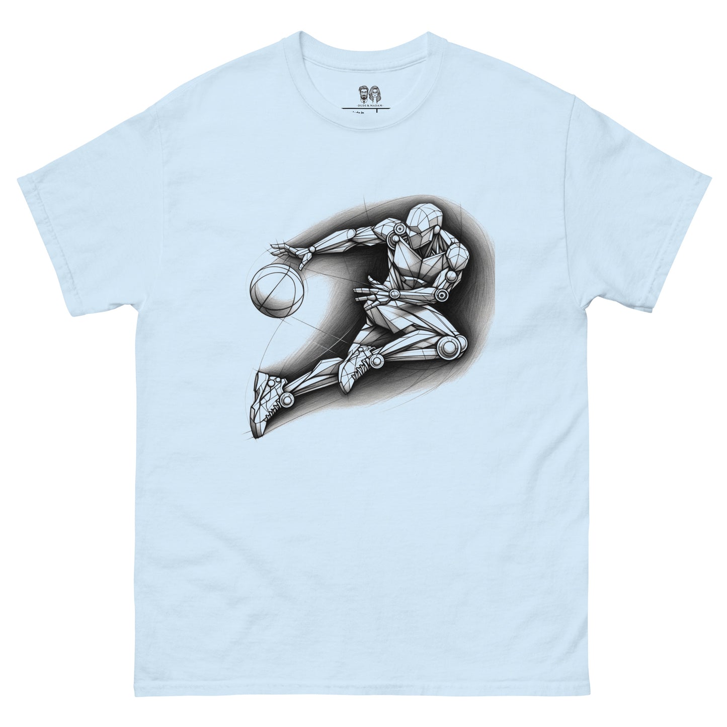 Light blue Cotton loose fit t-shirt with a detailed Len Mannequin-inspired drawing of a basketball player in action, showcasing artistic and dynamic design.