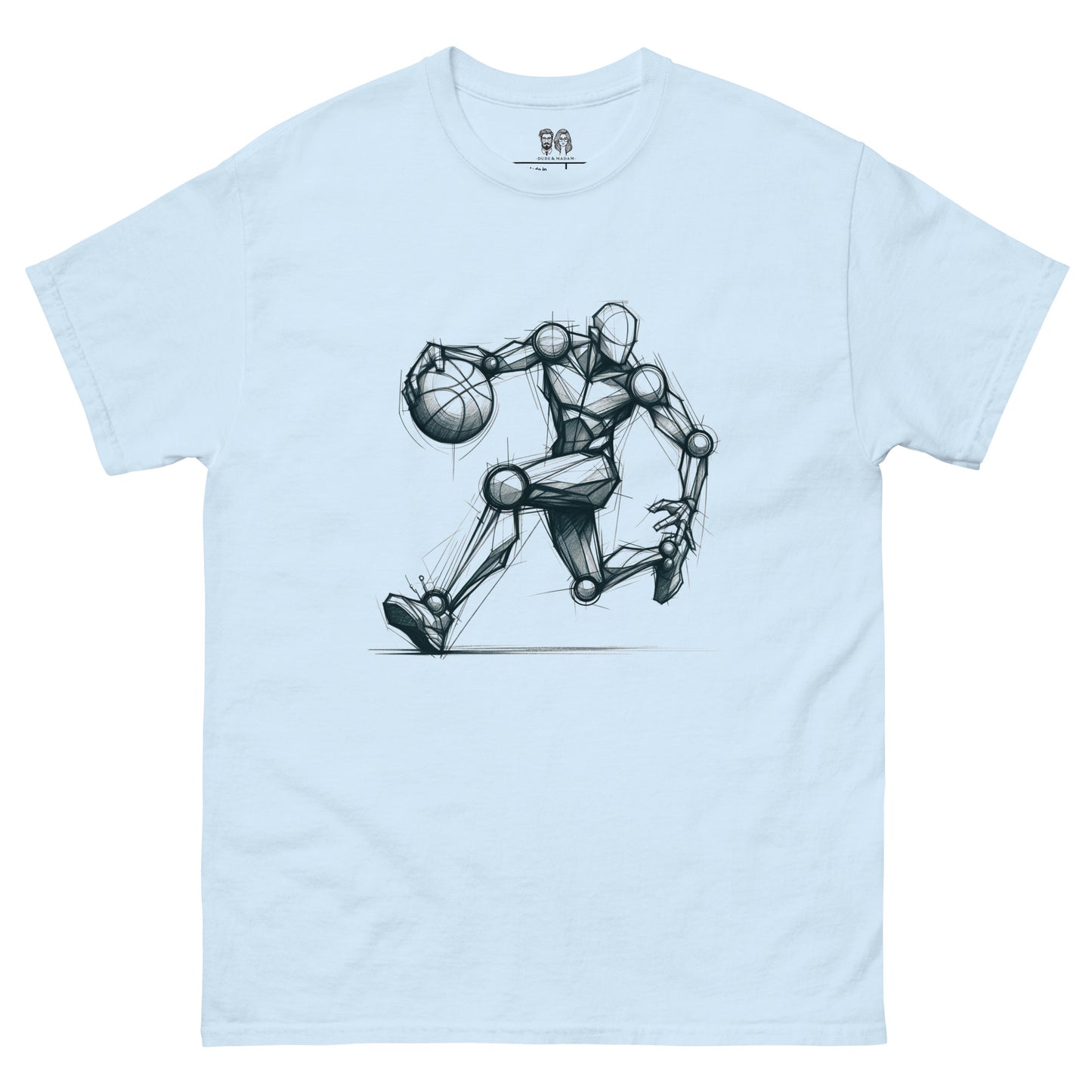 Light Blue Cotton loose fit t-shirt with an artistic Len Mannequin-style drawing of a basketball player in motion, highlighting dynamic and creative design.