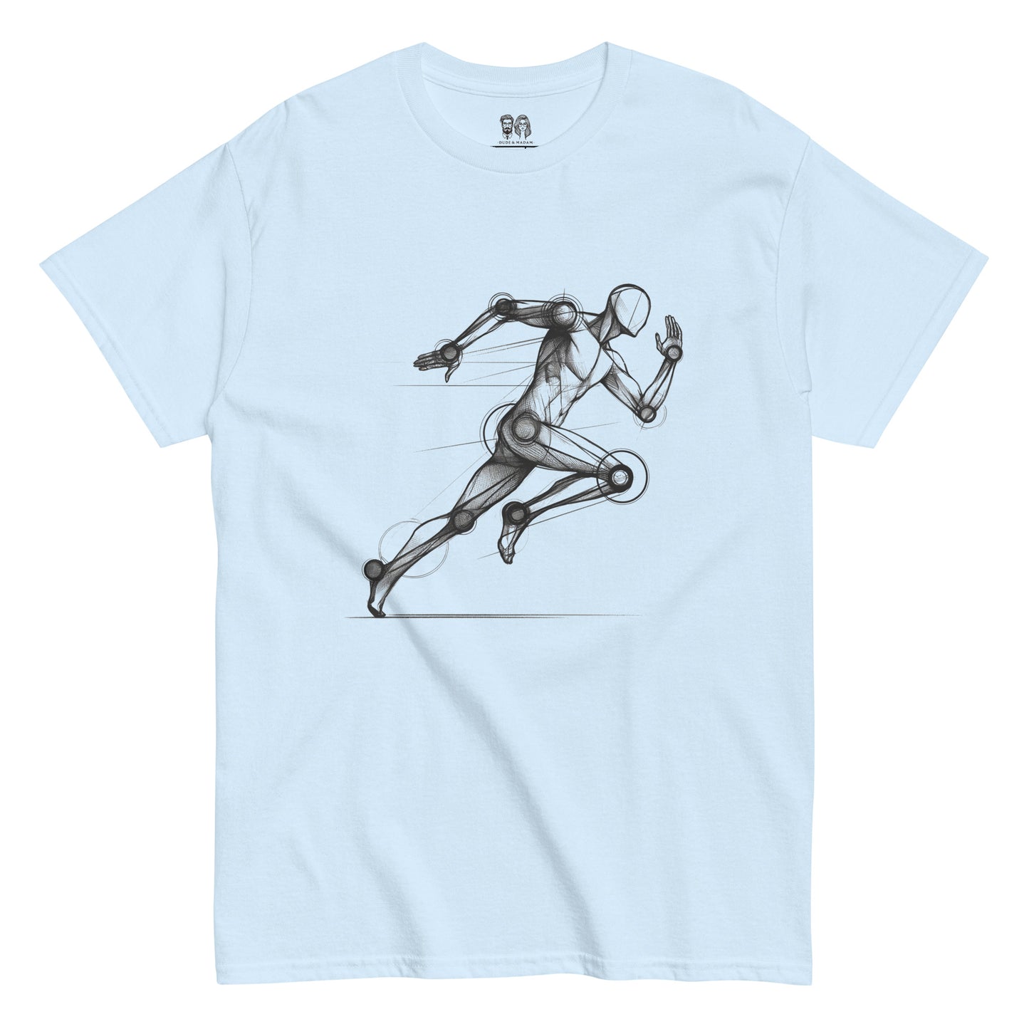 light blue, Cotton loose fit t-shirt with a detailed runner graphic in black and white, showcasing dynamic motion and modern design.