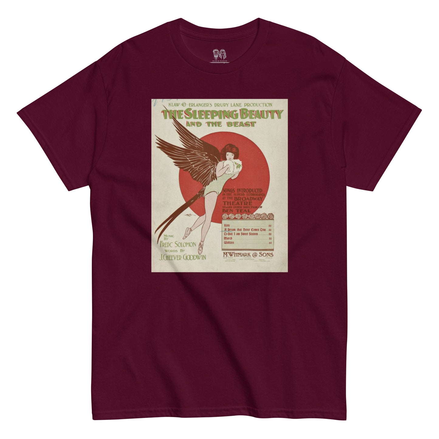 Maroon red cotton shirt with a large vintage print od an album cover called the sleeping beauty