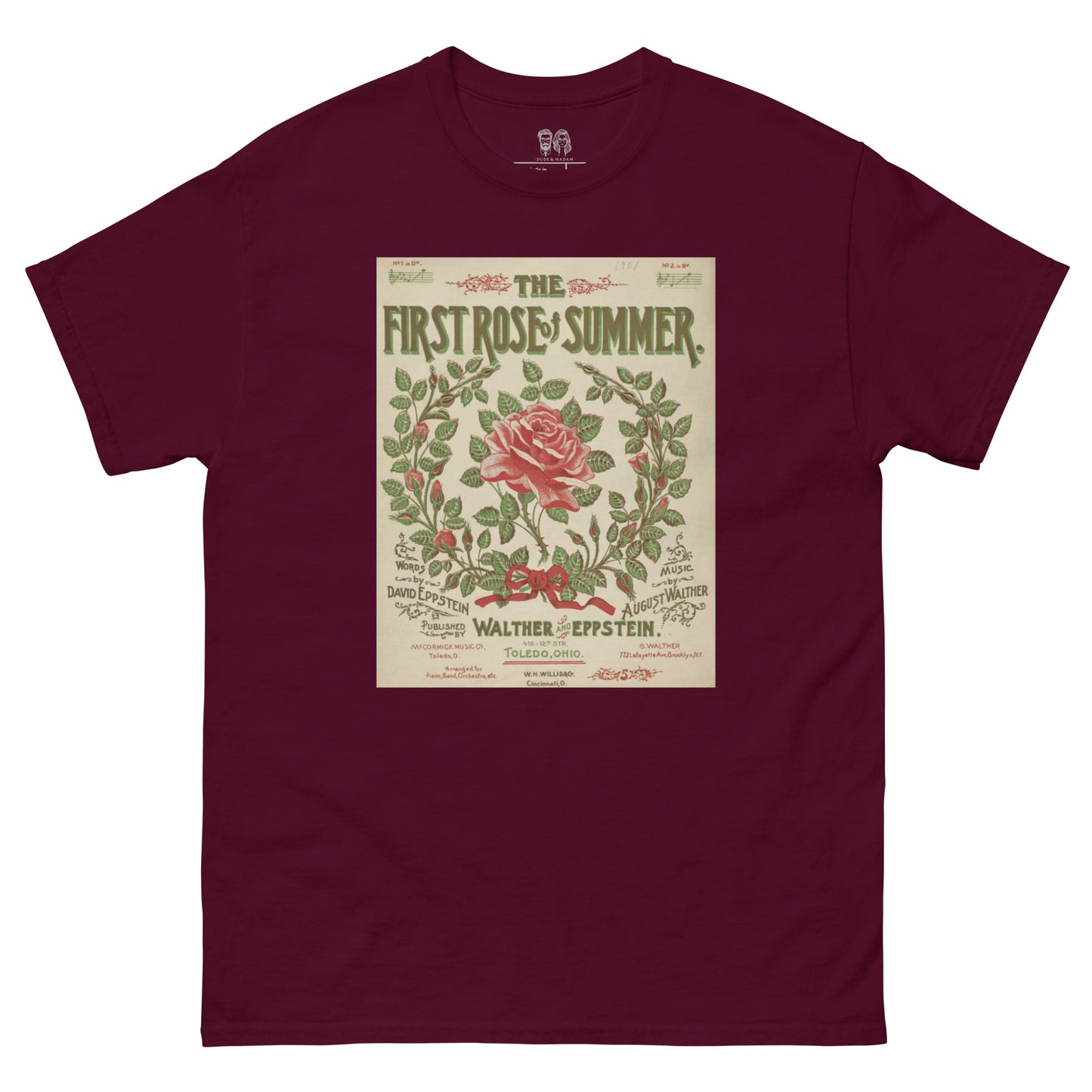 Maroon Red shirt with crew neck and a retro print of a music album The first rose of summer