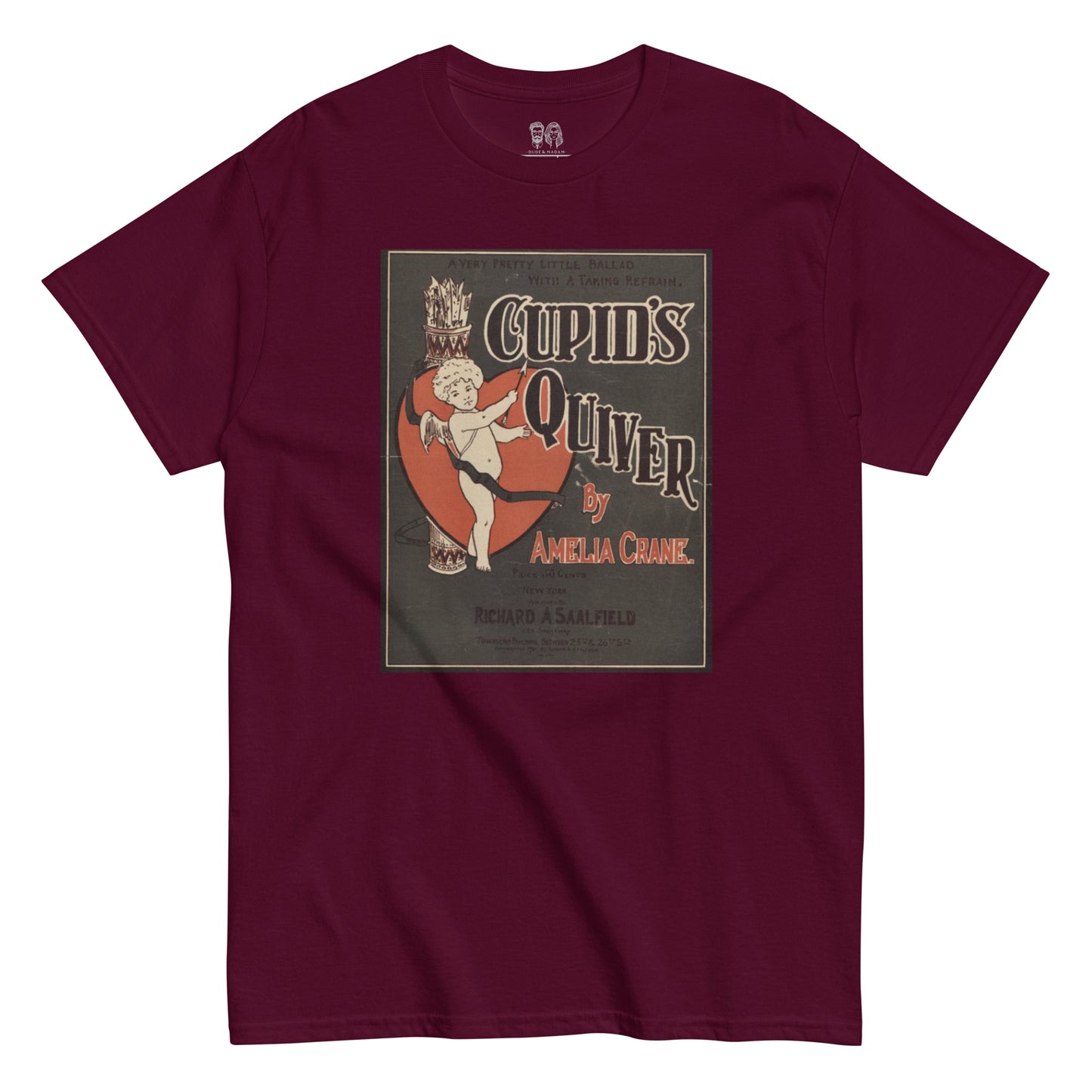 Maroon Red Color Shirt with Crew Neck and Short Sleeves with a vintage authentic Print of Cupid's Album Cover