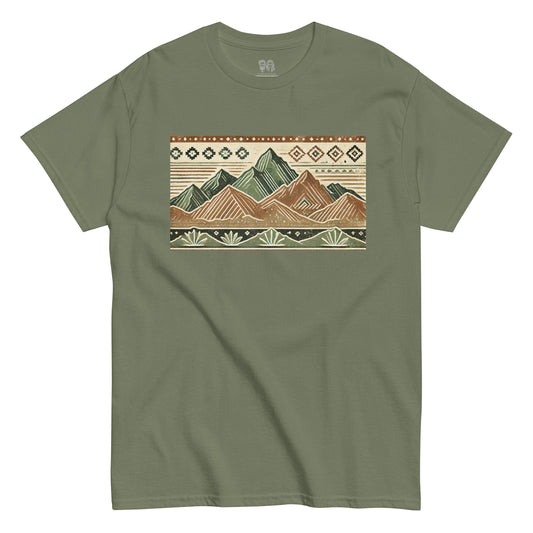 Green cotton tshirt with crew neck and a large desert mountain design