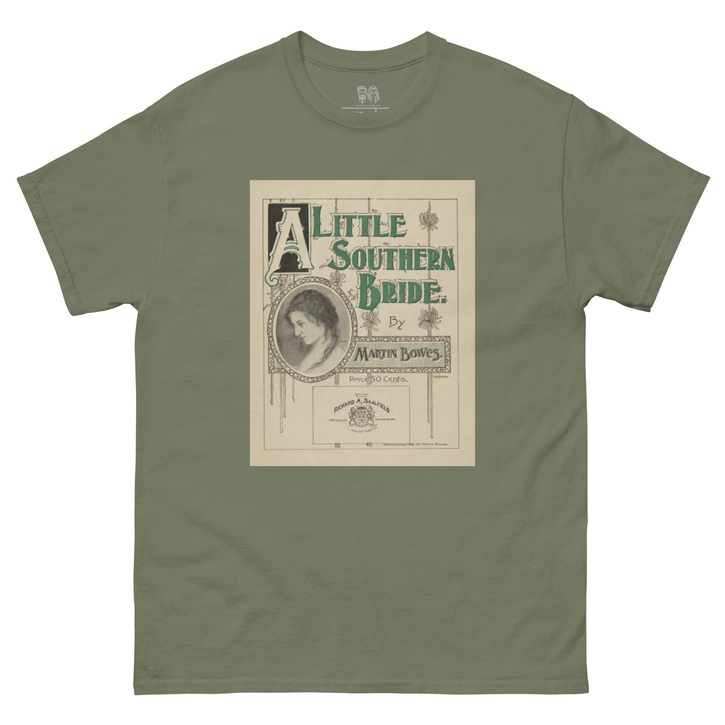 Green tee with a large print of a retro music cover called a little southern bride