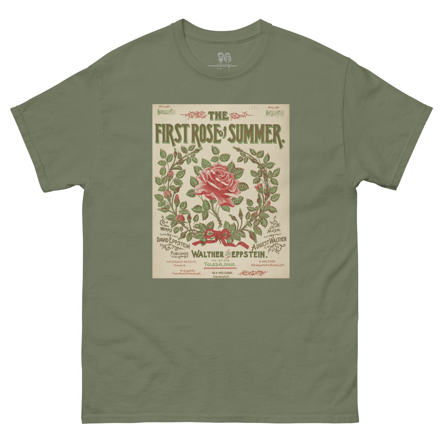 Green T shirt with a print of a retro music cover of the first rose of summer 20's style