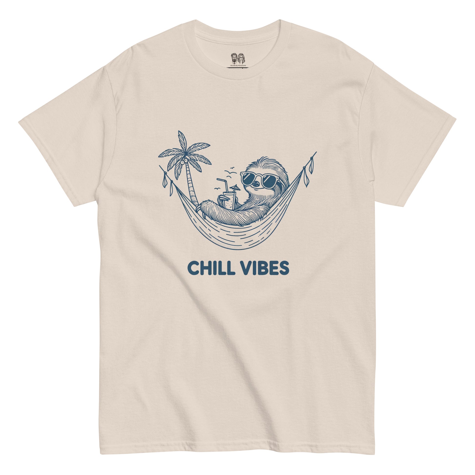 natuarl Cotton t-shirt with a design of a sloth lounging in a hammock under a palm tree with the text 'Chill Vibes', ideal for a relaxed and fun look."