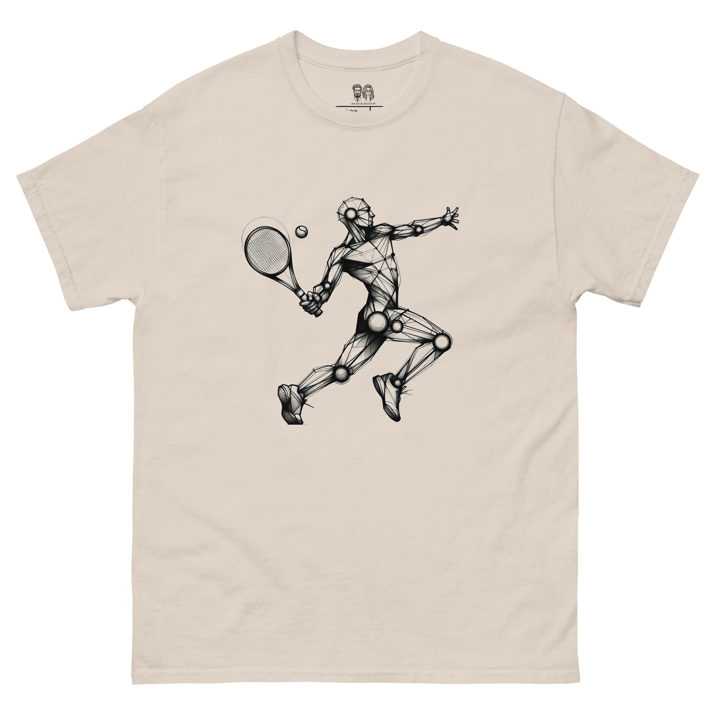 natural Cotton loose fit t-shirt with an artistic Wood Mannequin-style drawing of a tennis player in action, highlighting a dynamic and creative design.