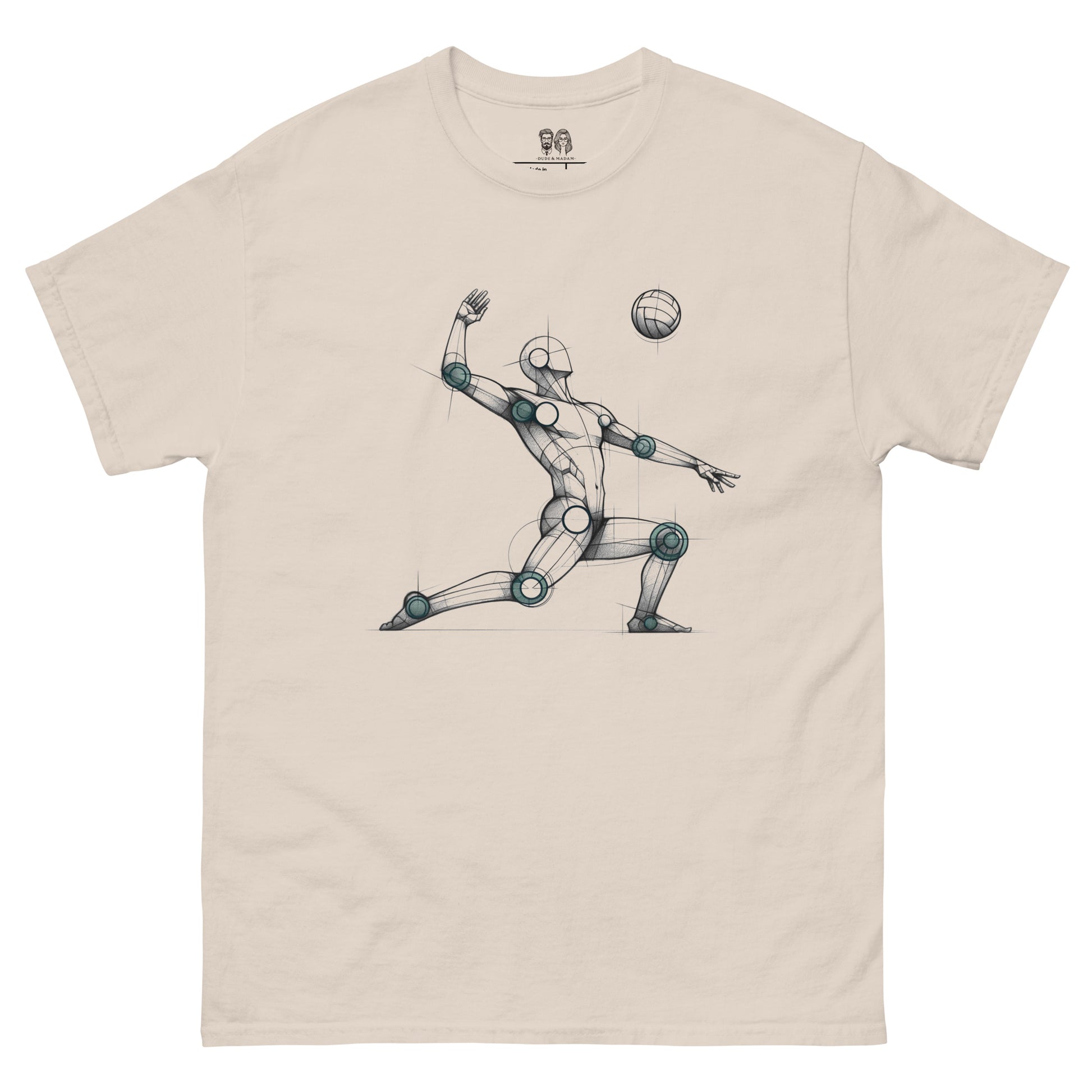 Cotton loose fit t-shirt with an artistic Len Mannequin-inspired drawing of a volleyball player in action, highlighting dynamic and creative design.