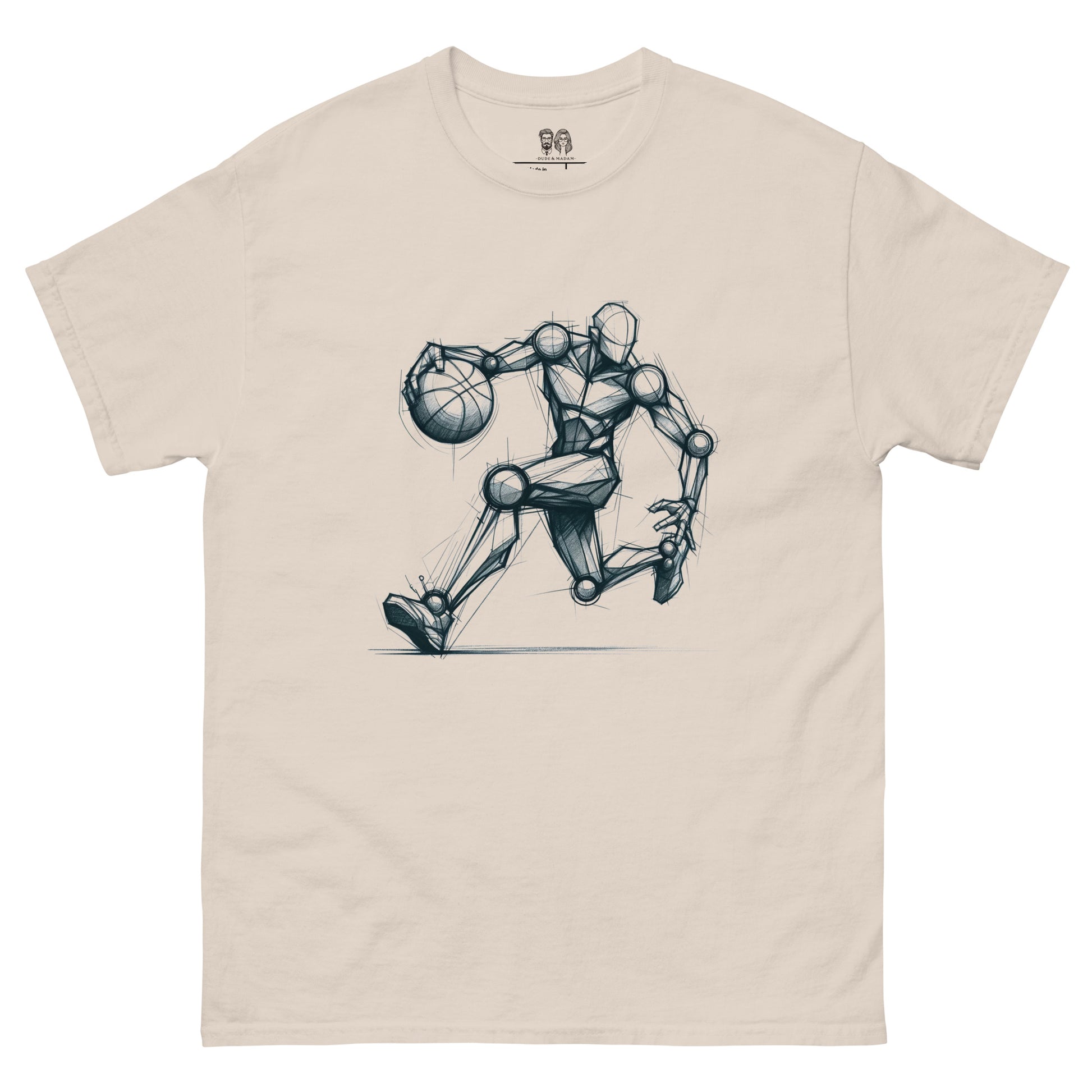 Natural Cotton loose fit t-shirt with an artistic Len Mannequin-style drawing of a basketball player in motion, highlighting dynamic and creative design.