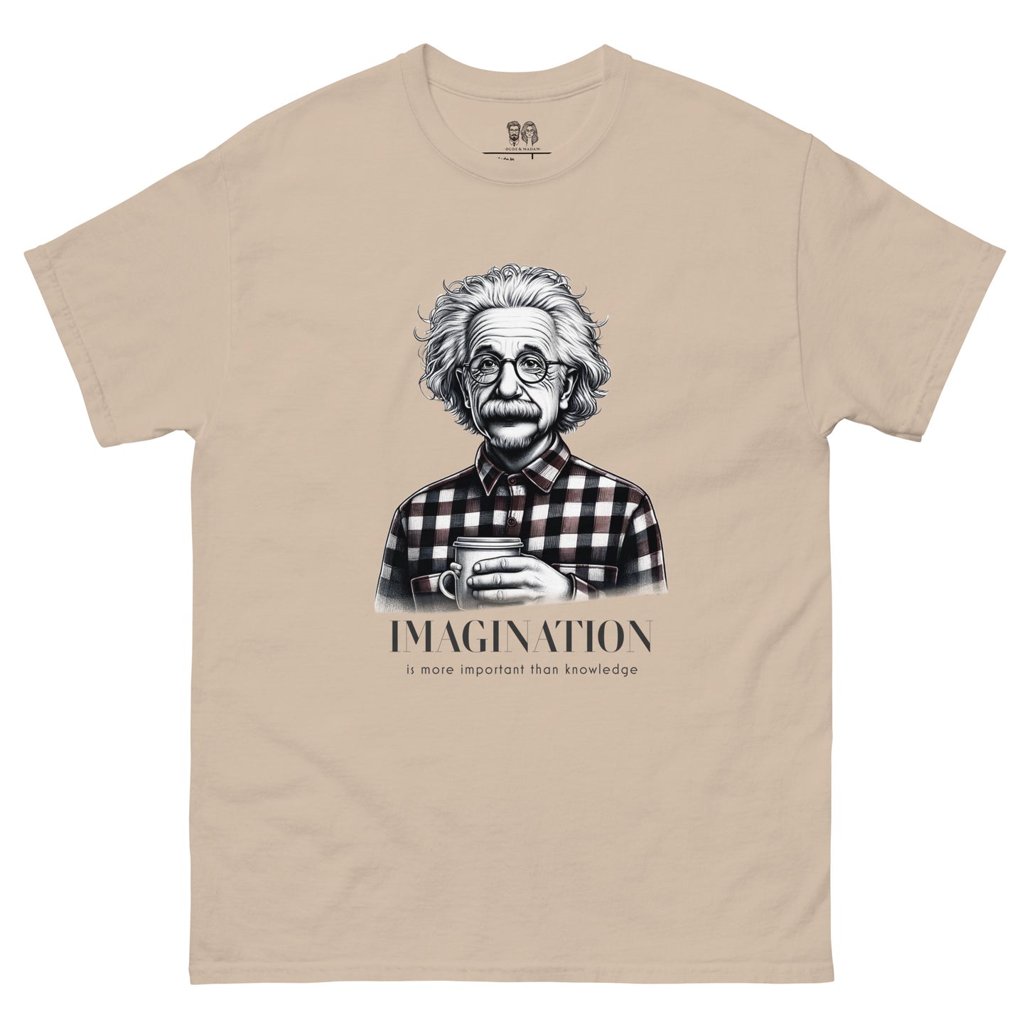 Beige Tee shirt showcasing Albert Einstein in hipster attire, holding coffee and wearing glasses, with the quote 'Imagination is more important than knowledge' from the Modern Ghosts collection.