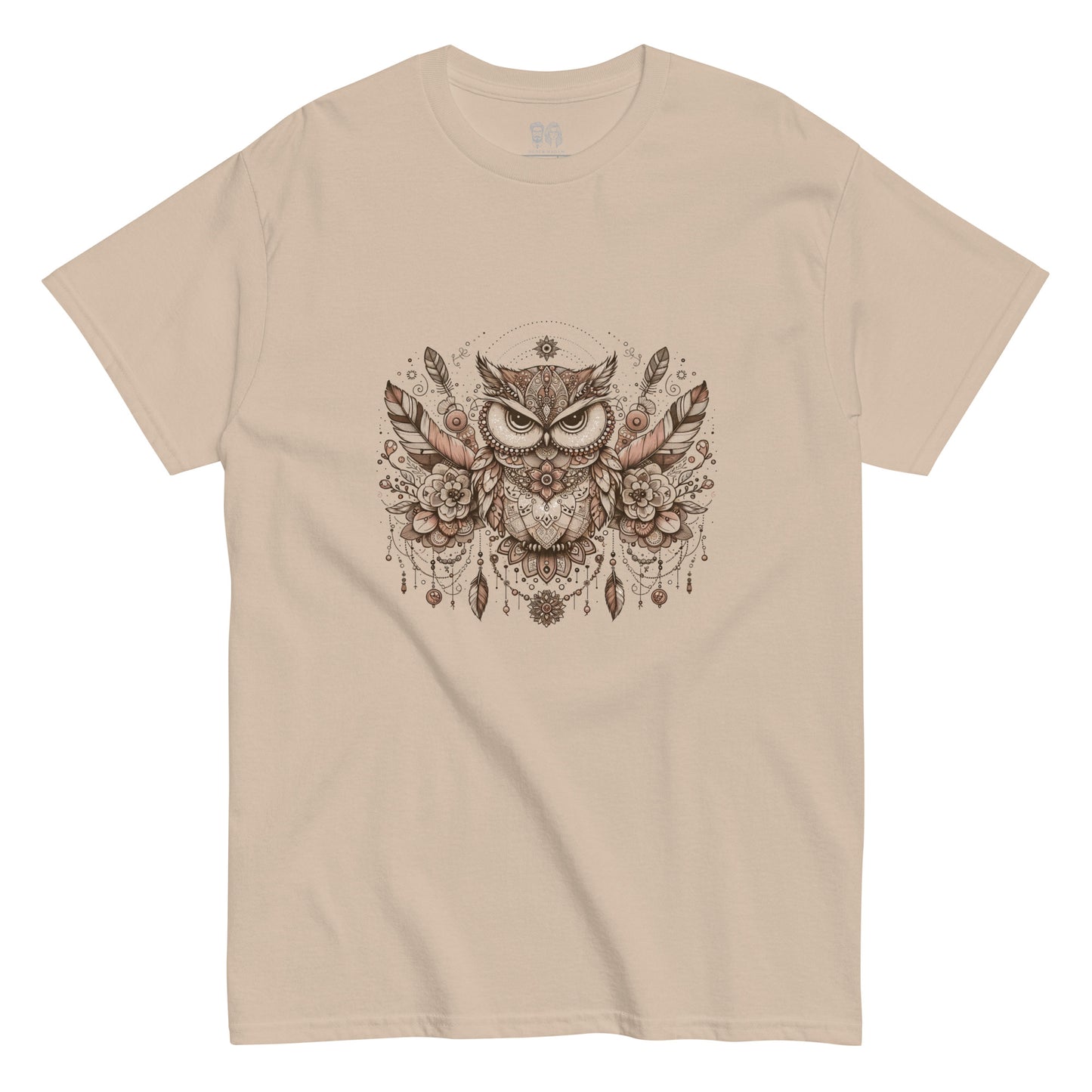 Beige color boho chic owl with flowers and feathers design