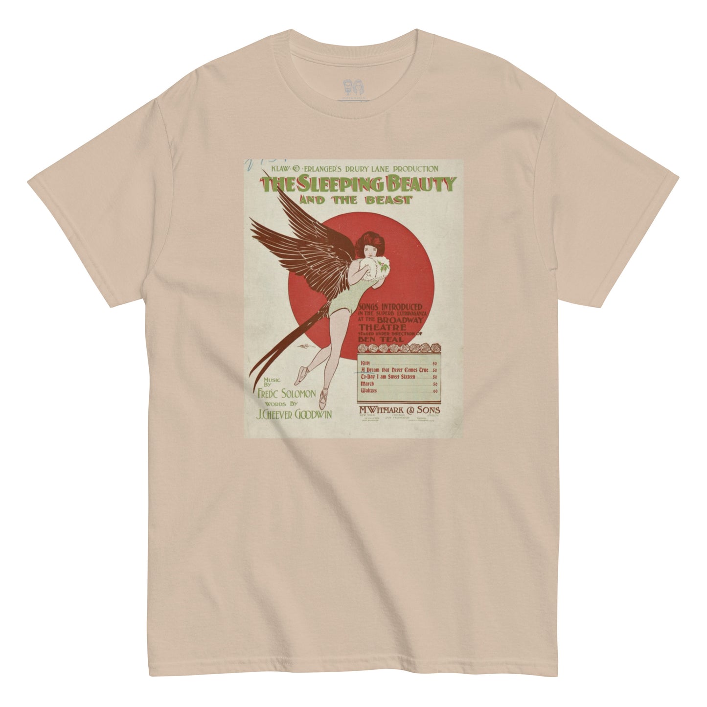 Natural color shirt with a print featuring a woman with wings and titled the sleeping beauty and the beast