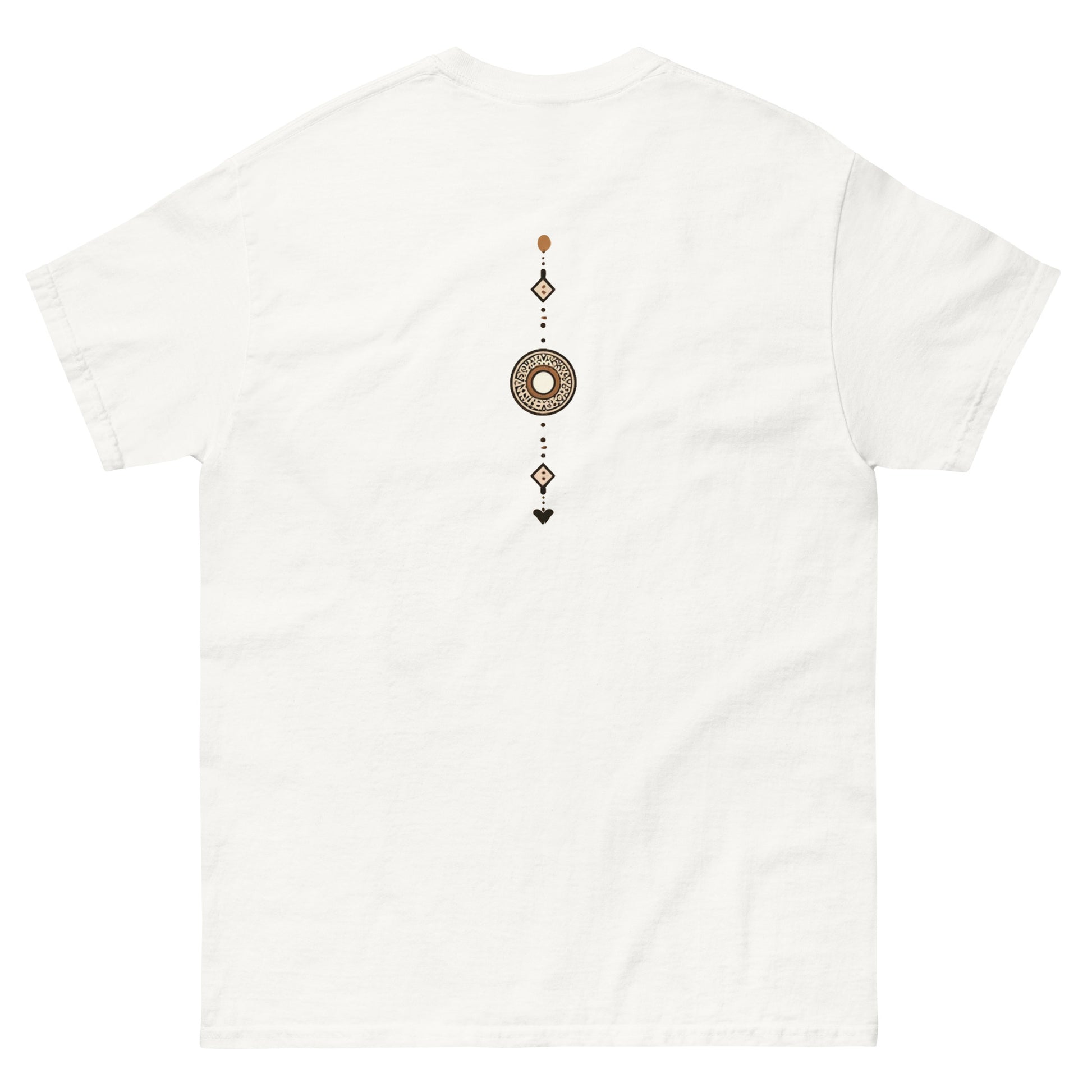 Back of a white womens t shirt with an Egyptian style design