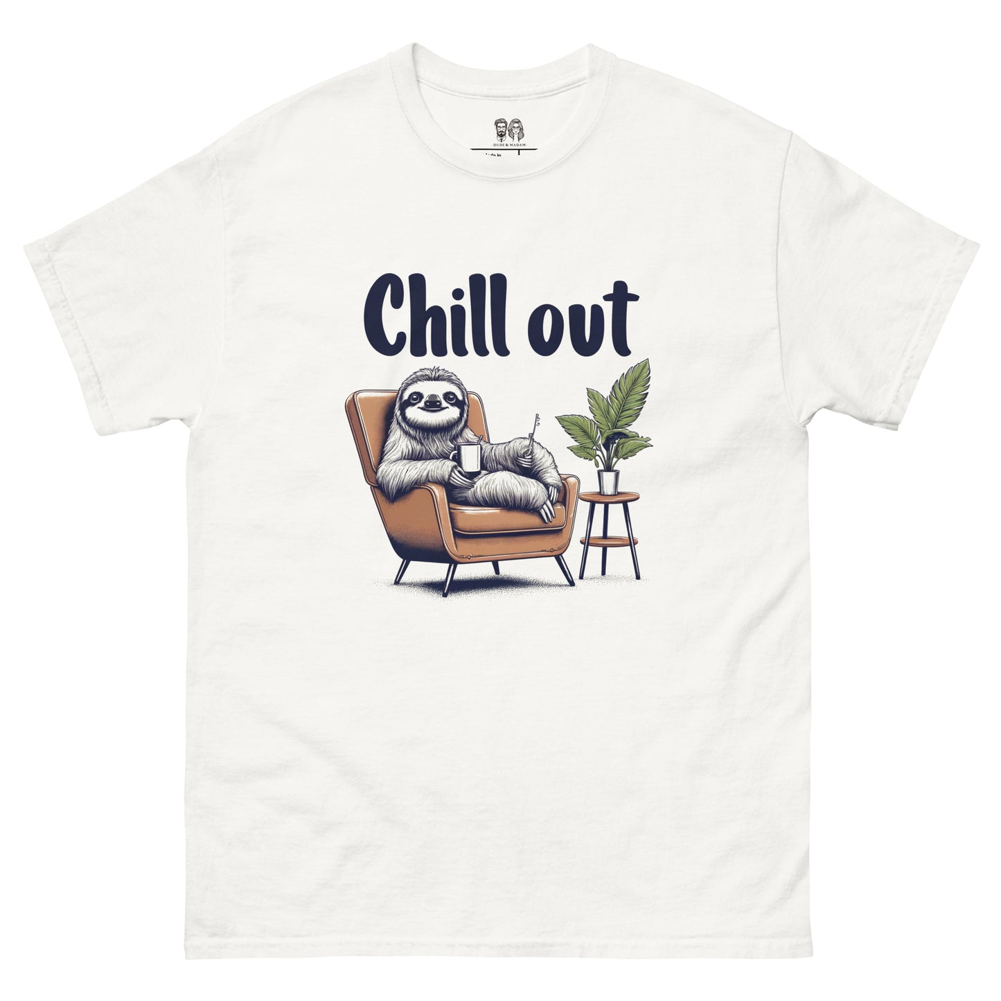 white Cotton t-shirt featuring a sloth lounging in a chair with the text 'Chill Out', perfect for those who love relaxed and fun apparel.