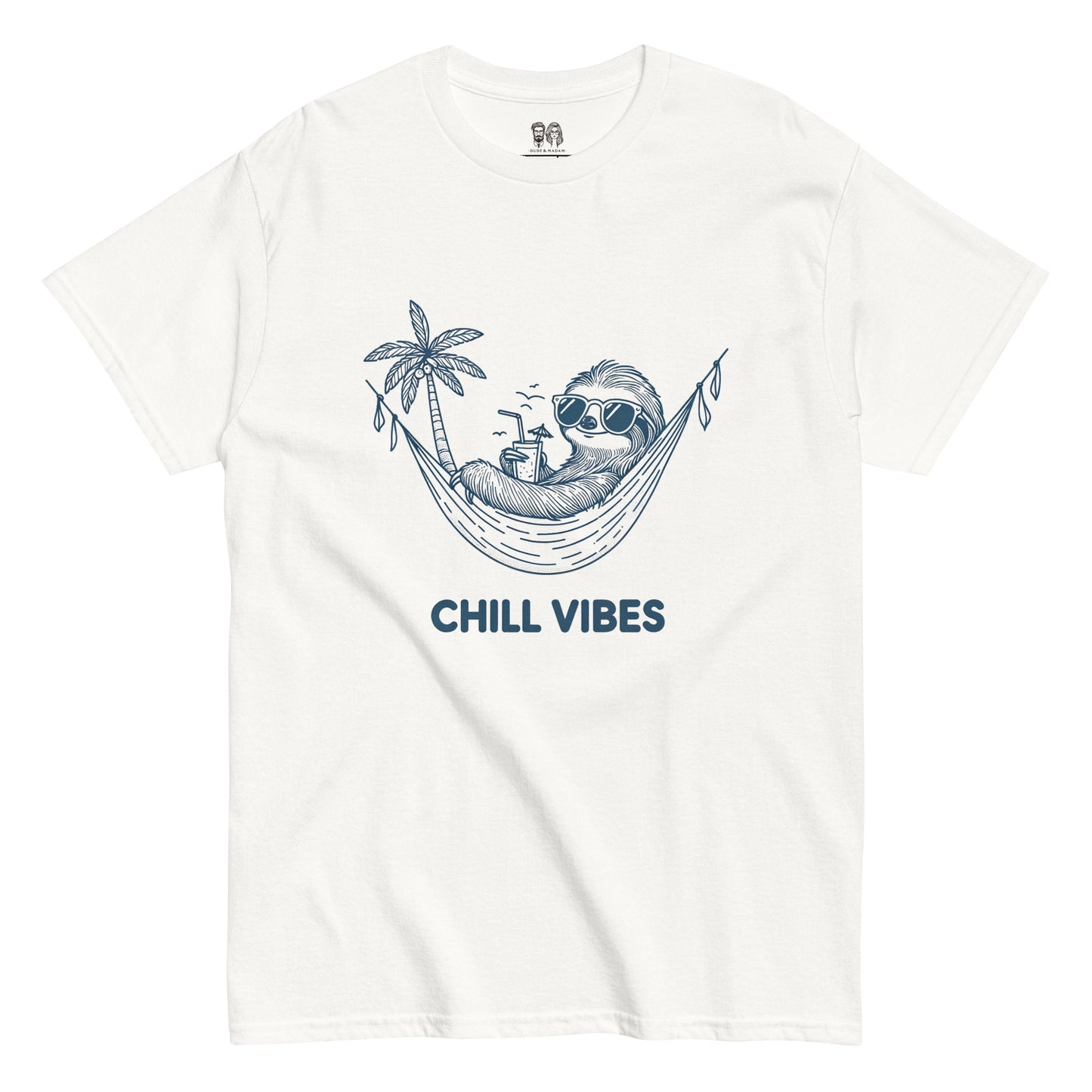 white shirt Cotton t-shirt with a design of a sloth lounging in a hammock under a palm tree with the text 'Chill Vibes', ideal for a relaxed and fun look."