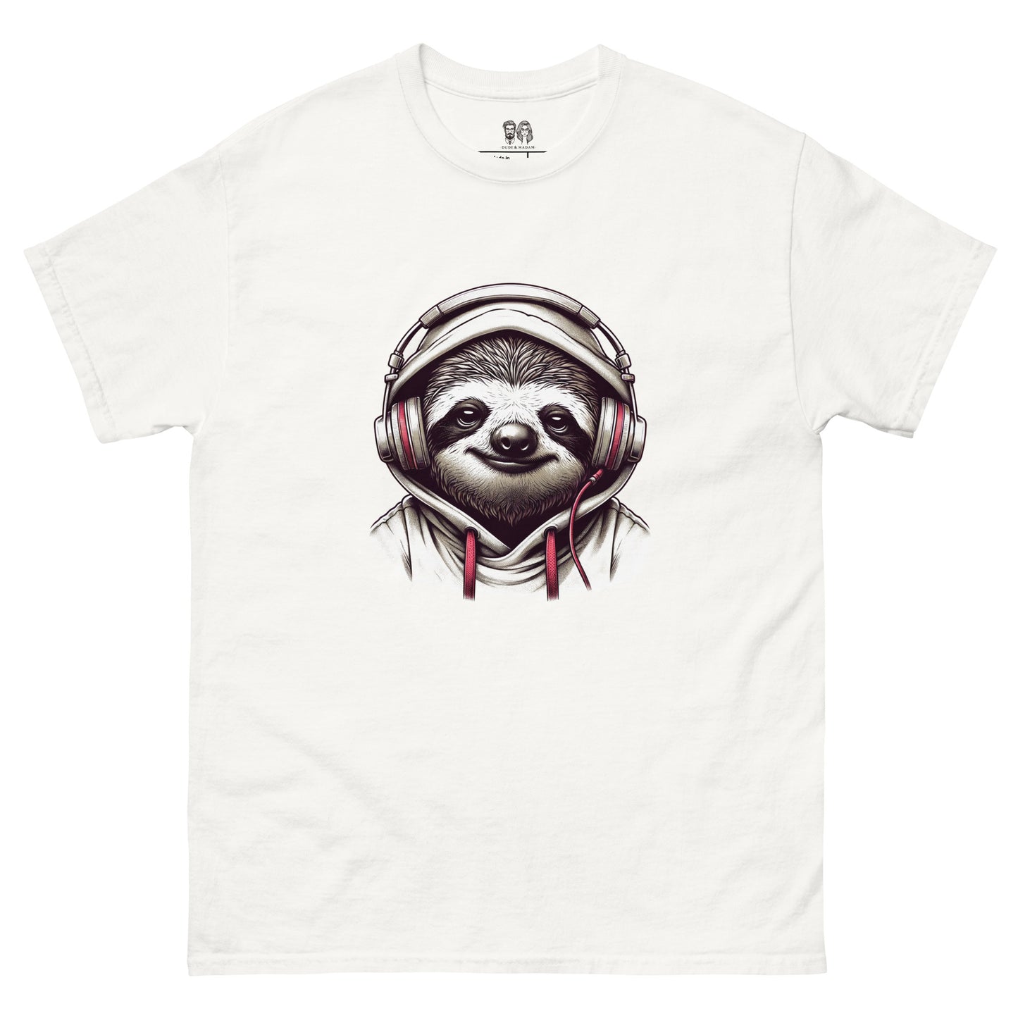 white Cotton t-shirt featuring a sloth wearing headphones and a hoodie, ideal for music lovers and those who enjoy a relaxed, fun look.