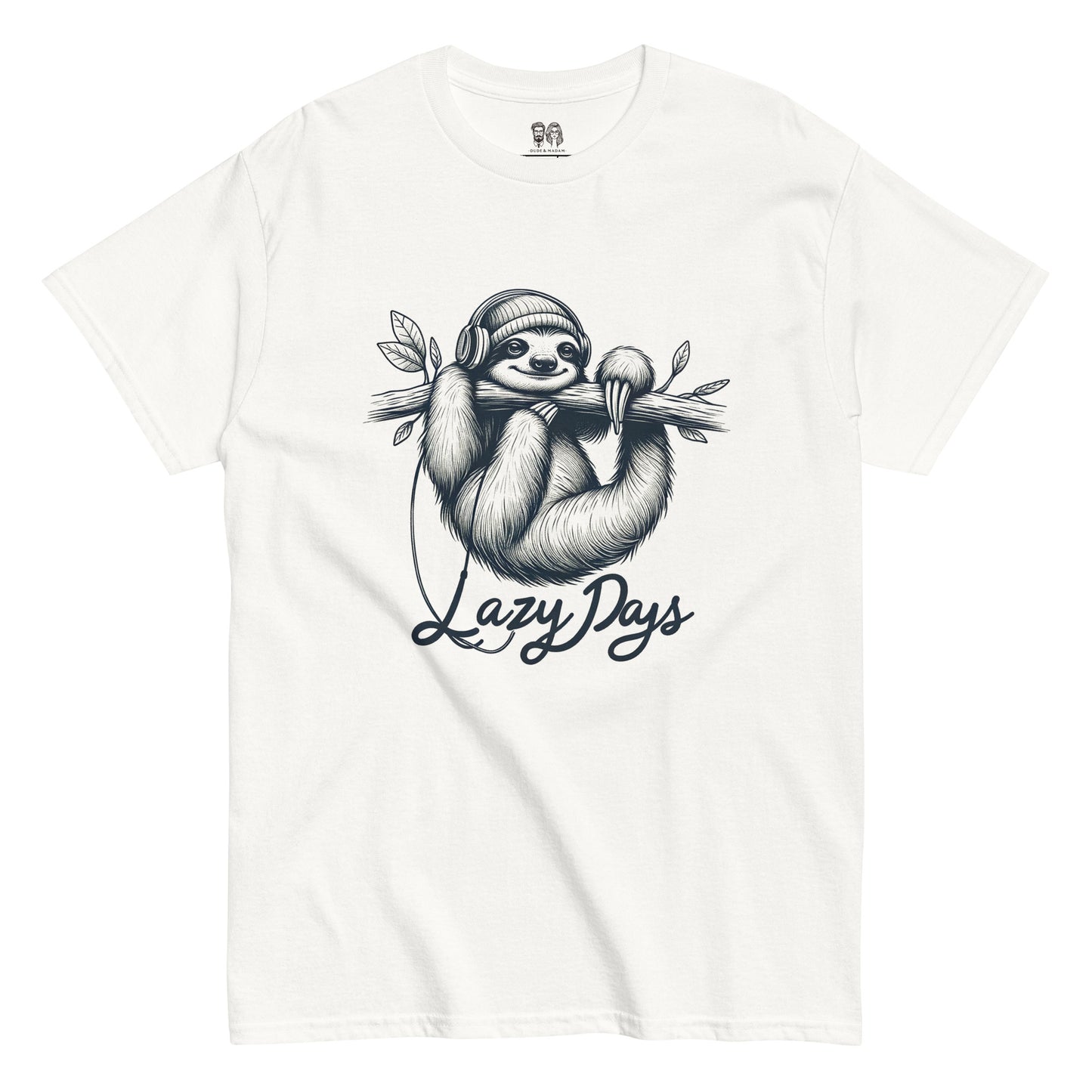 white t-shirt featuring a sloth lounging on a branch with headphones and the text 'Lazy Days', ideal for those who enjoy a relaxed and fun look.